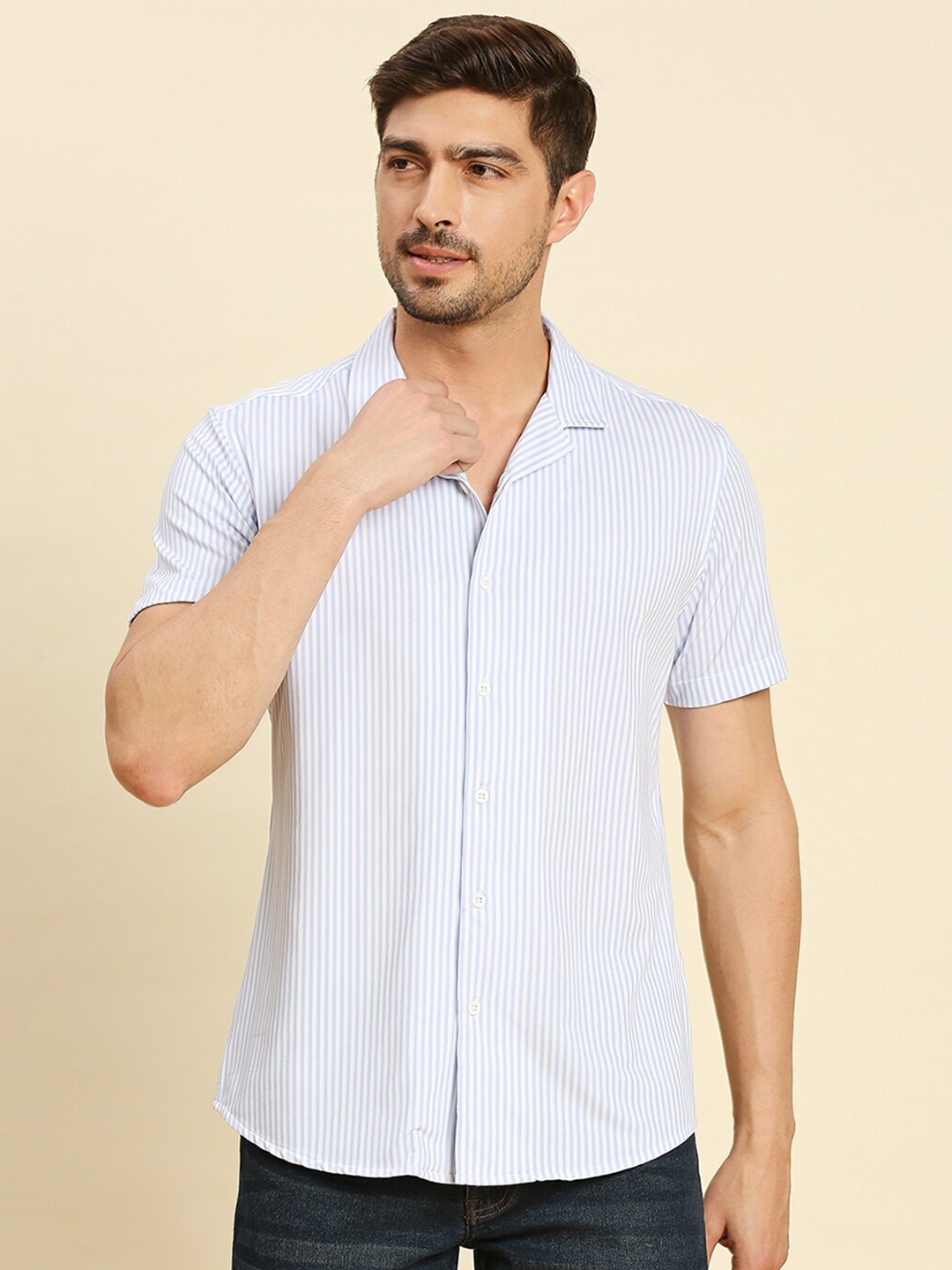 

Moda Rapido Classic Vertical Striped Cotton Casual Shirt, Blue