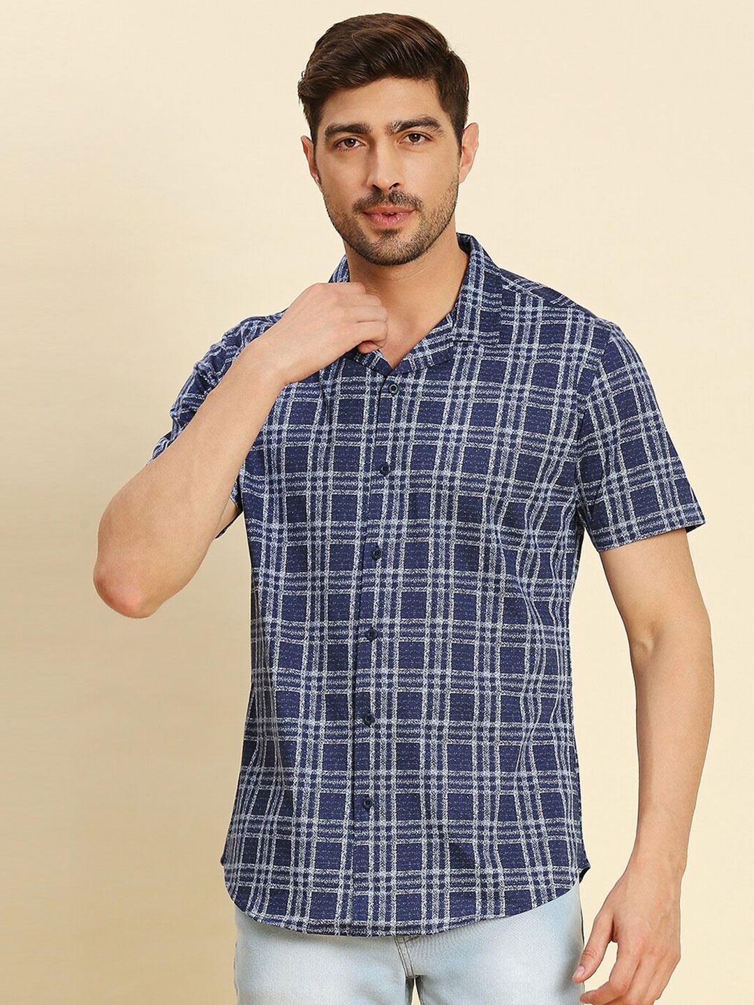 

Moda Rapido Classic Slim Fit Tartan Checks Cuban Collar Casual Shirt, Navy blue