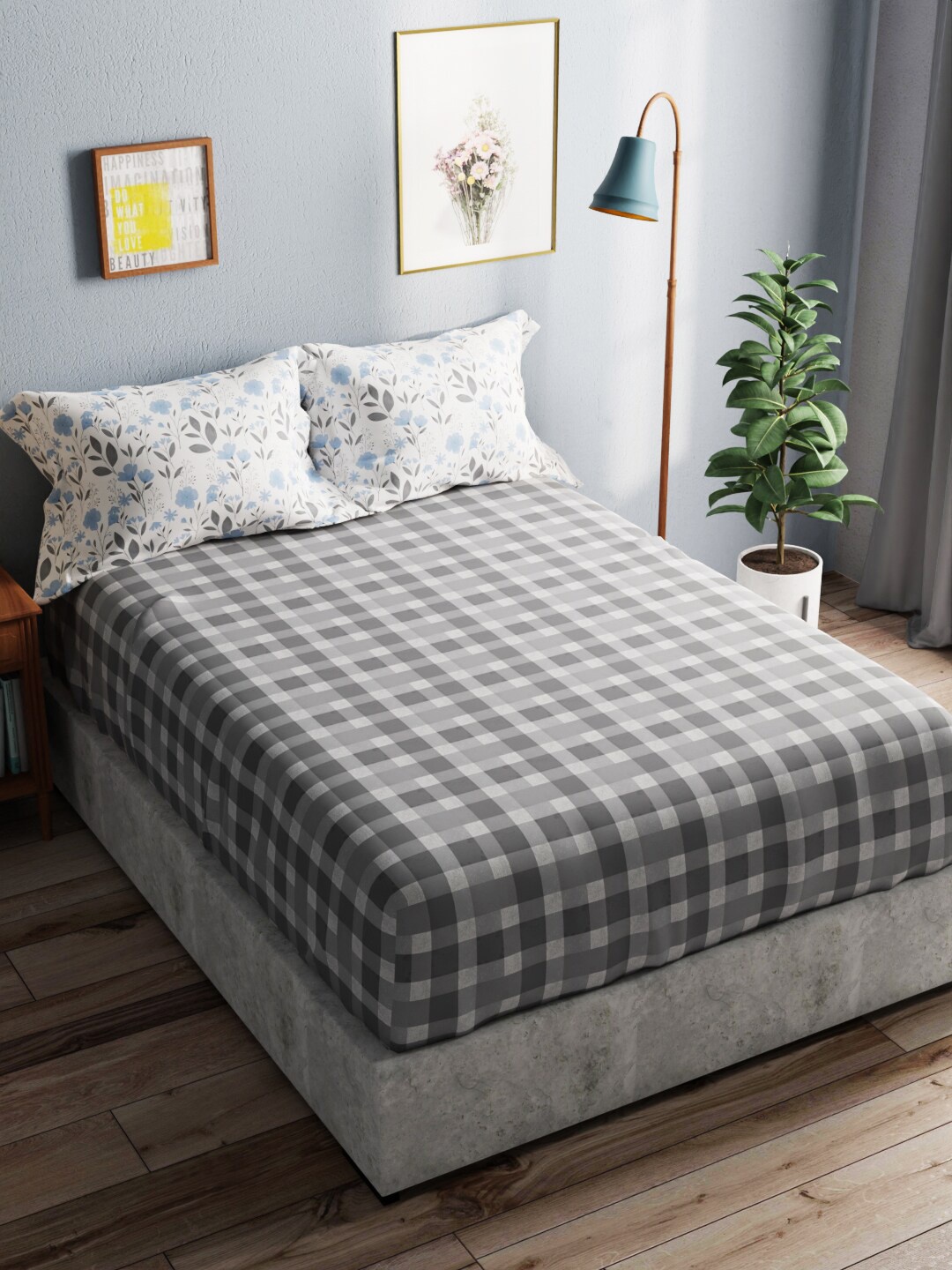 

BIANCA Newyork Grey & White Floral Printed 144 TC King Bedsheet & 2 Pillow Covers