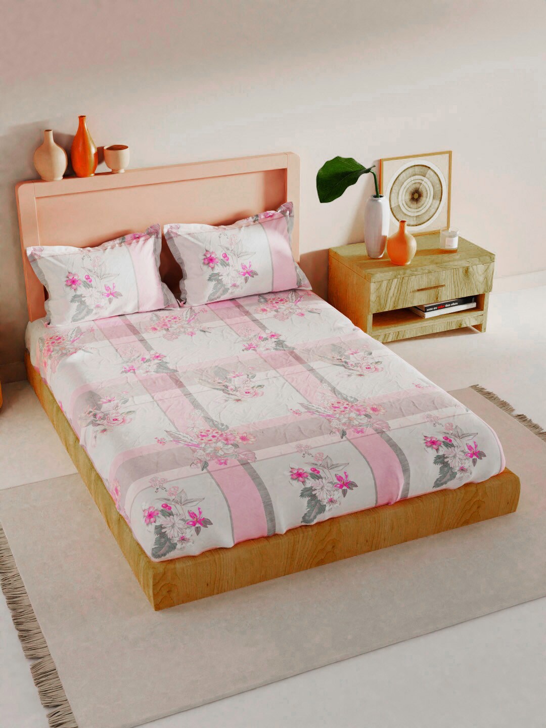 

BIANCA GeoTokyo Pink & White Floral Printed 200 TC King Bedsheet & 2 Pillow Covers