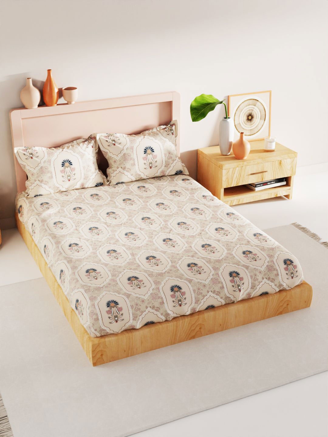 

BIANCA Geo Tokyo Beige & Pink Floral Printed 200 TC King Bedsheet & 2 Pillow Covers