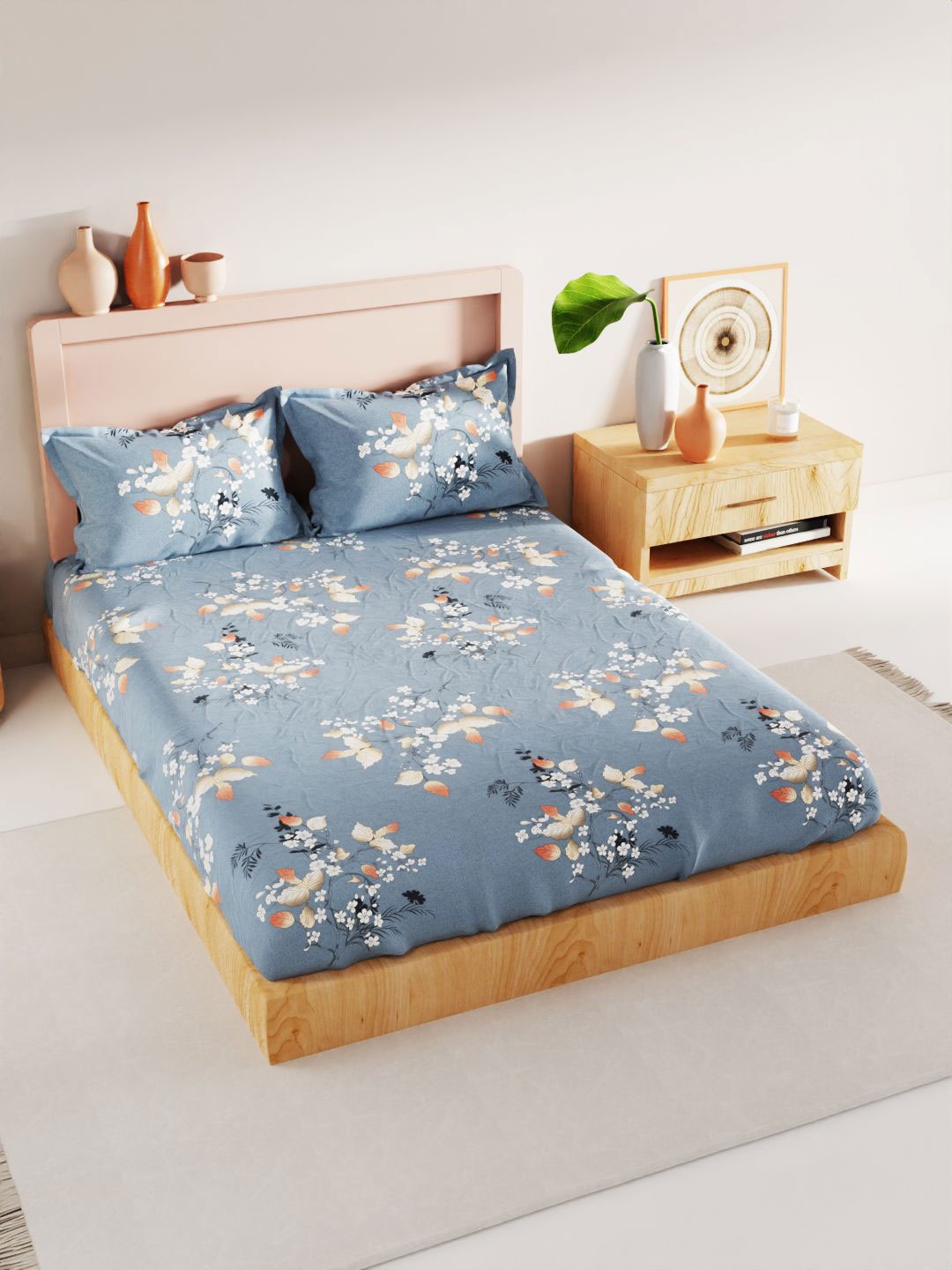 

BIANCA Geo Tokyo Blue & White Floral Printed 200 TC King Bedsheet & 2 Pillow Covers