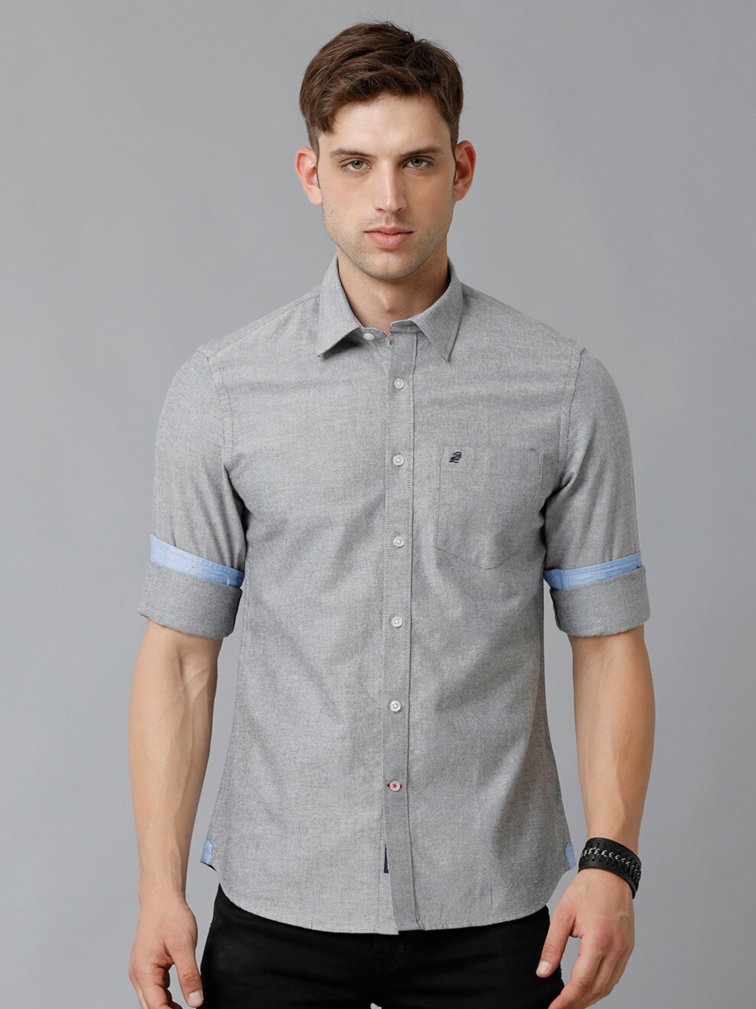

Double Two Spread Collar Slim Fit Cotton Casual Shirt, Grey