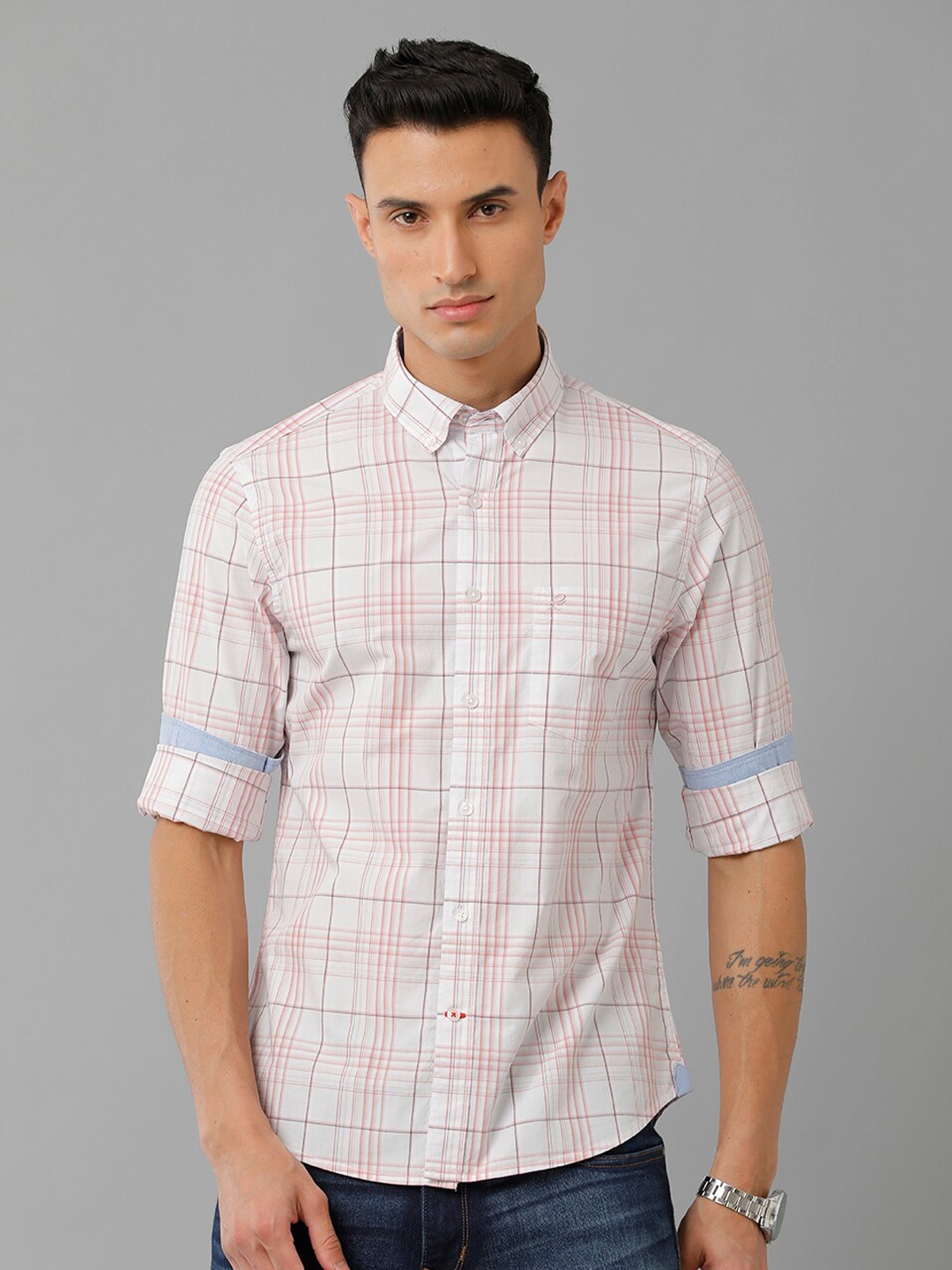 

Double Two Tartan Checks Slim Fit Cotton Casual Shirt, Pink