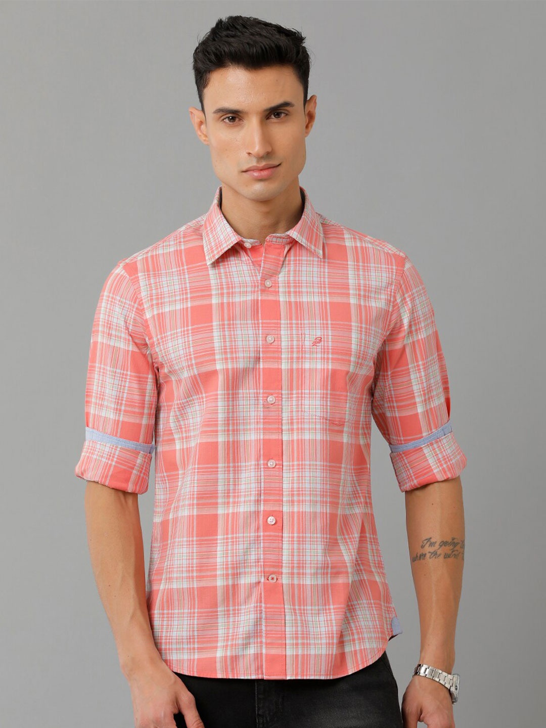 

Double Two Tartan Checks Slim Fit Cotton Casual Shirt, Peach