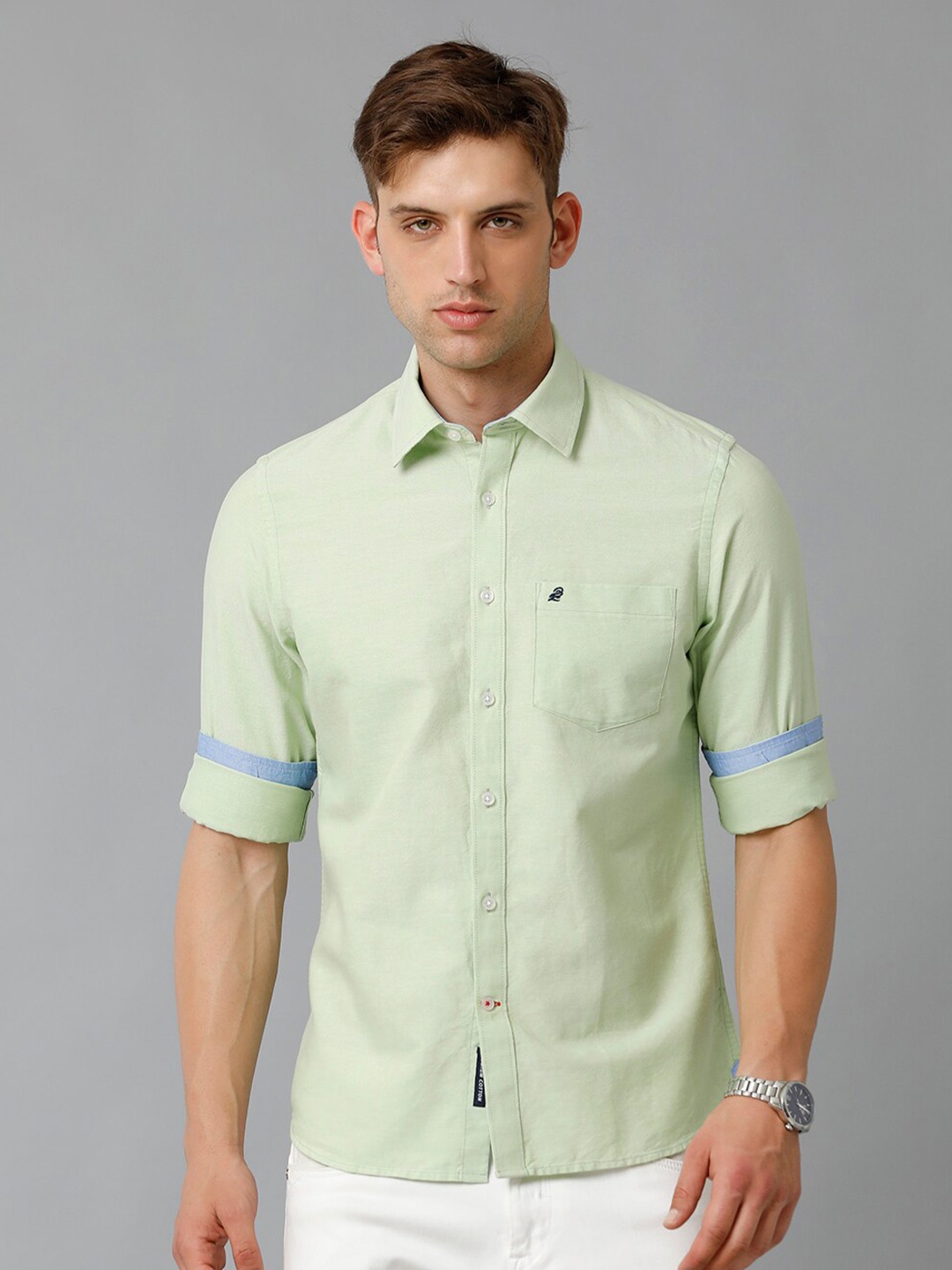 

Double Two Spread Collar Slim Fit Cotton Casual Shirt, Sea green