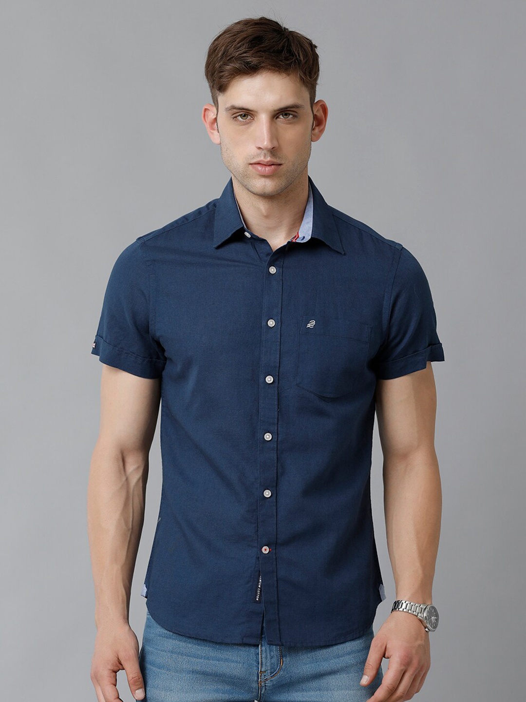 

Double Two Spread Collar Slim Fit Cotton Casual Shirt, Navy blue