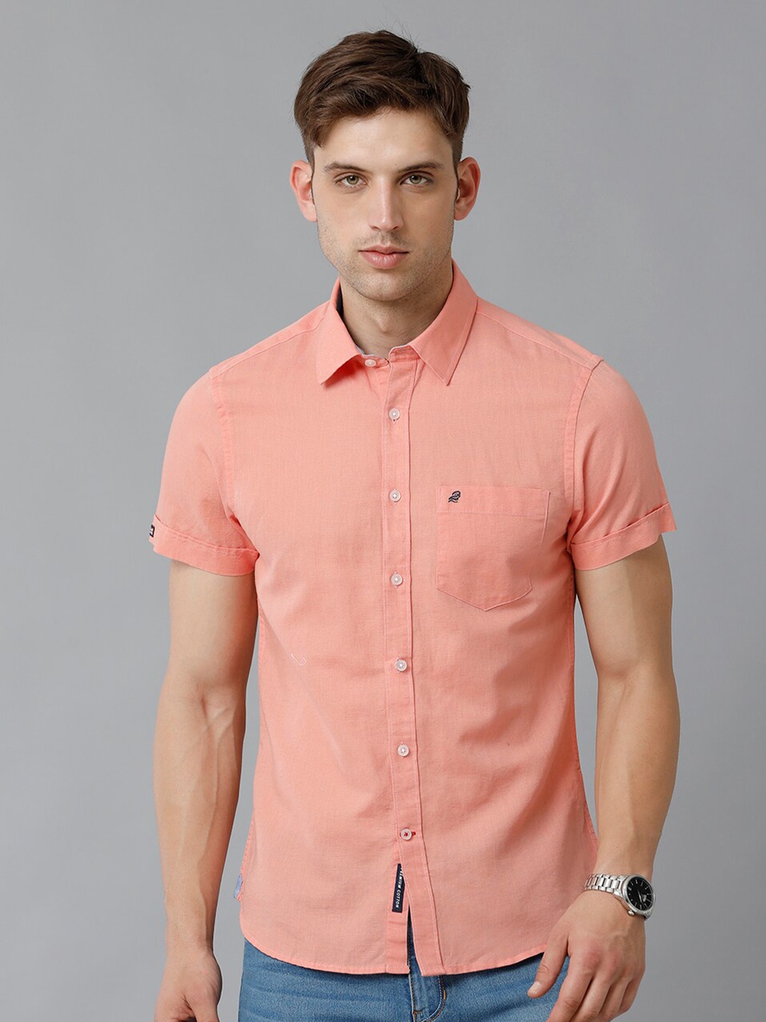 

Double Two Spread Collar Slim Fit Cotton Casual Shirt, Peach