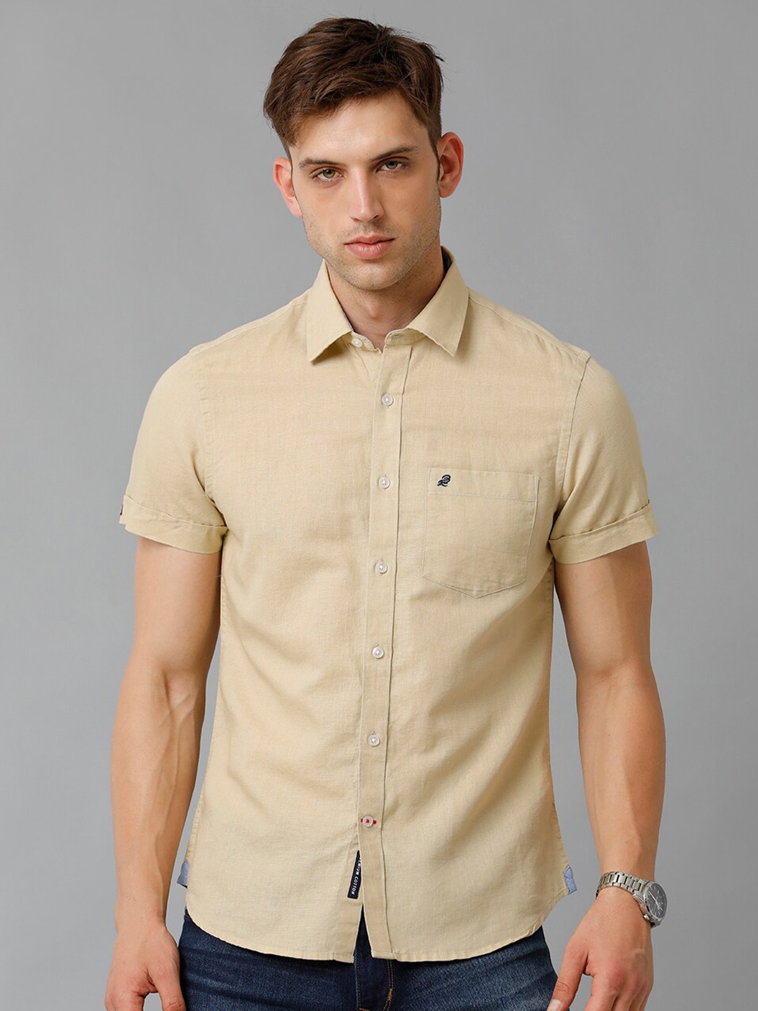 

Double Two Spread Collar Slim Fit Cotton Casual Shirt, Khaki