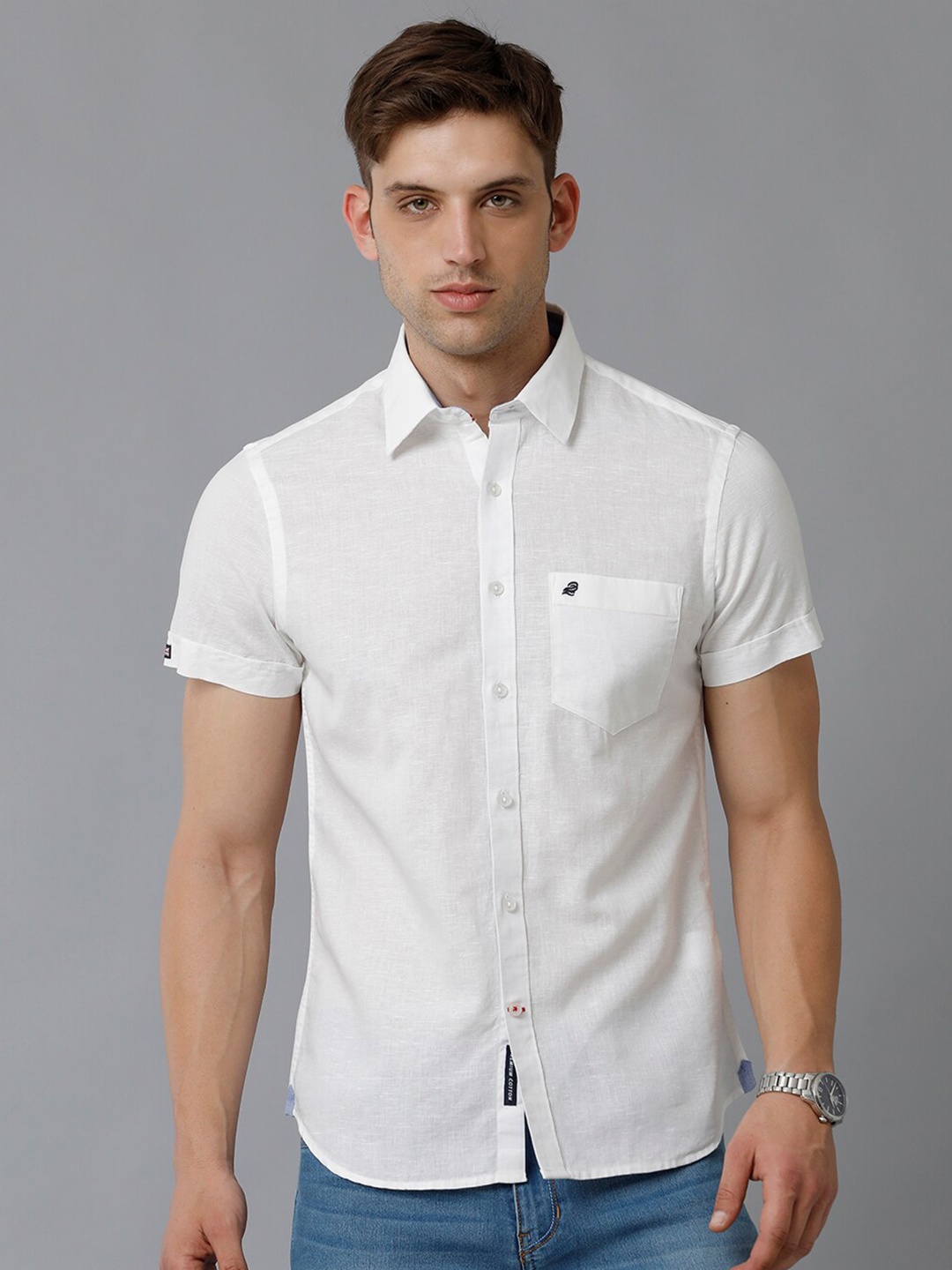 

Double Two Spread Collar Slim Fit Cotton Casual Shirt, White