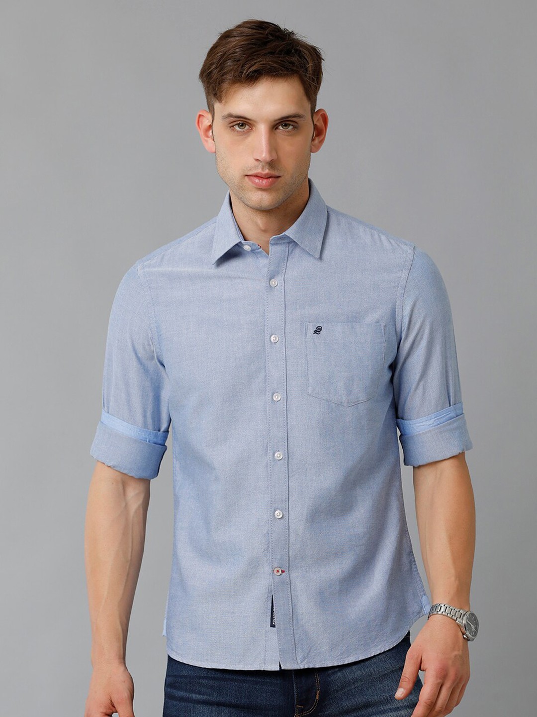 

Double Two Spread Collar Slim Fit Cotton Casual Shirt, Blue