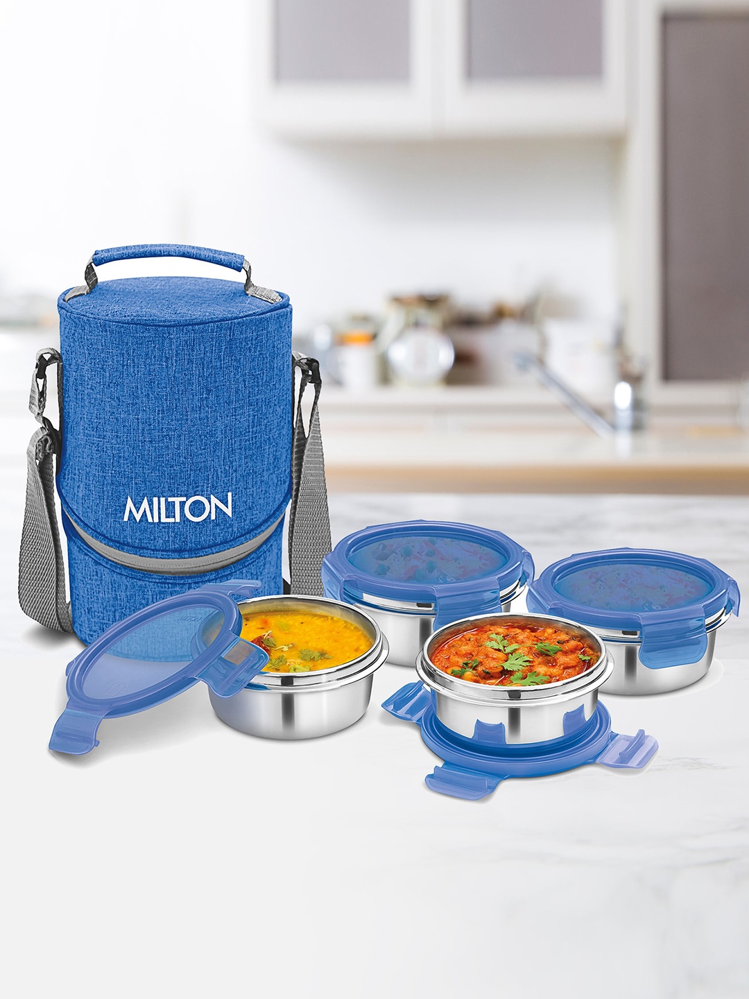 

Milton Chic 4 Pcs Blue Stainless Steel Tiffin Box 300 ml Each With Jacket