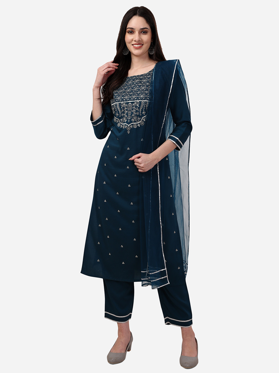 

WOMEN VILLAGE Ethnic Motifs Embroidered Sequined Pure Silk Kurta with Trousers & Dupatta, Navy blue