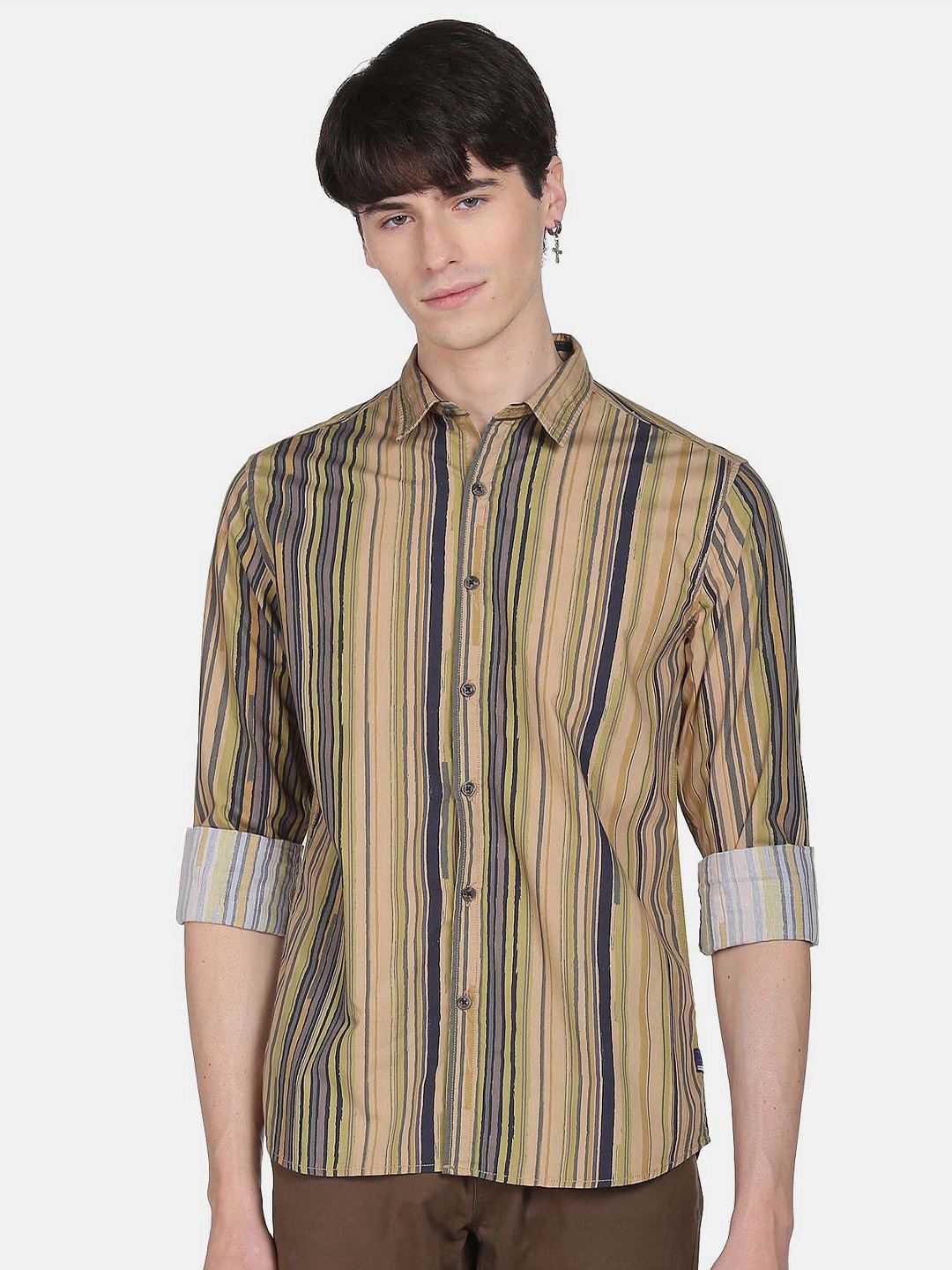 

Flying Machine Striped Opaque Pure Cotton Casual Shirt, Green