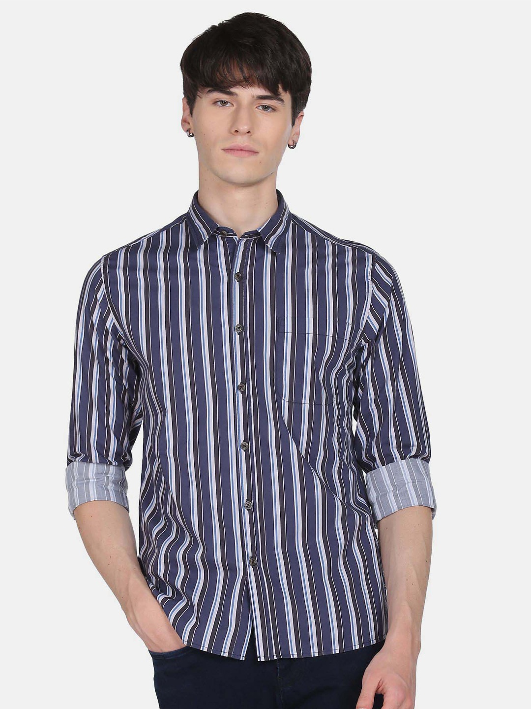 

Flying Machine Vertical Striped Spread Collar Pure Cotton Casual Shirt, Navy blue