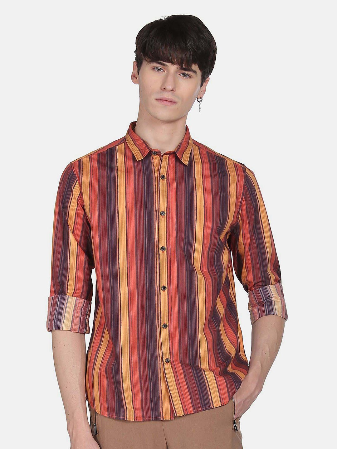 

Flying Machine Striped Opaque Pure Cotton Casual Shirt, Brown