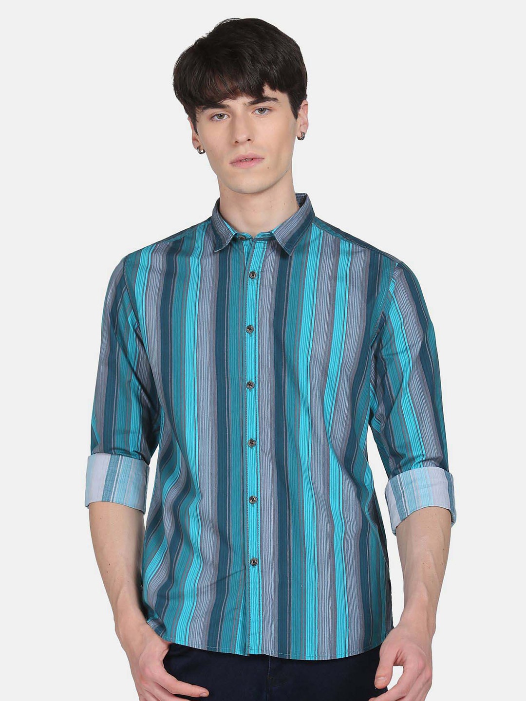 

Flying Machine Striped Opaque Pure Cotton Casual Shirt, Turquoise blue