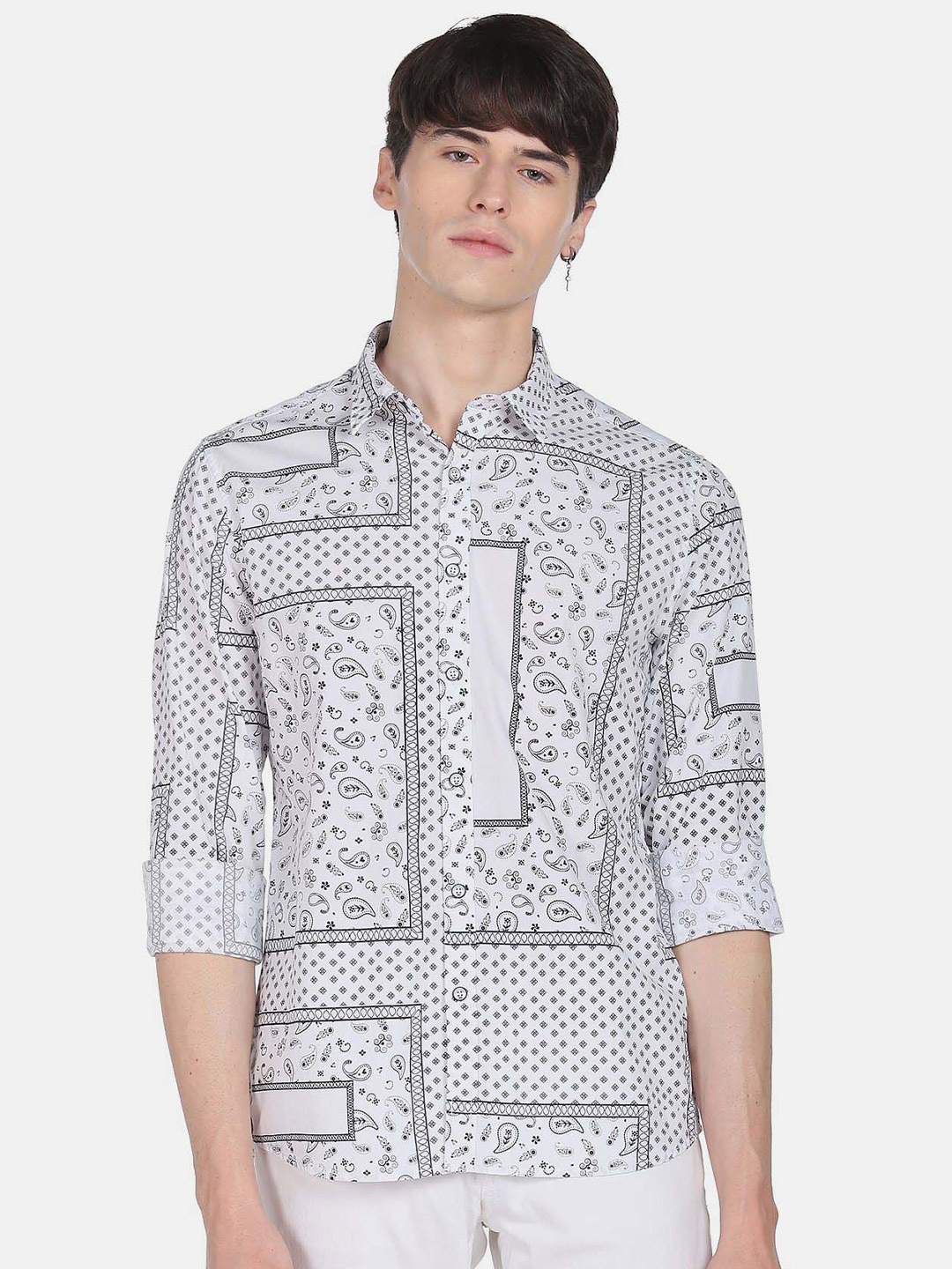 

Flying Machine Ethnic Motif Printed Cotton Casual Shirt, White