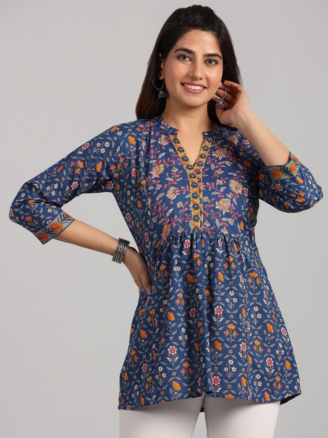 

PARCHHAI Floral Printed Round Neck Gathered Cotton Top, Blue