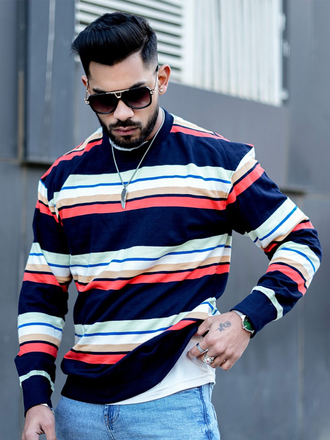 

Powerlook Striped Round Neck Sweatshirt, Navy blue