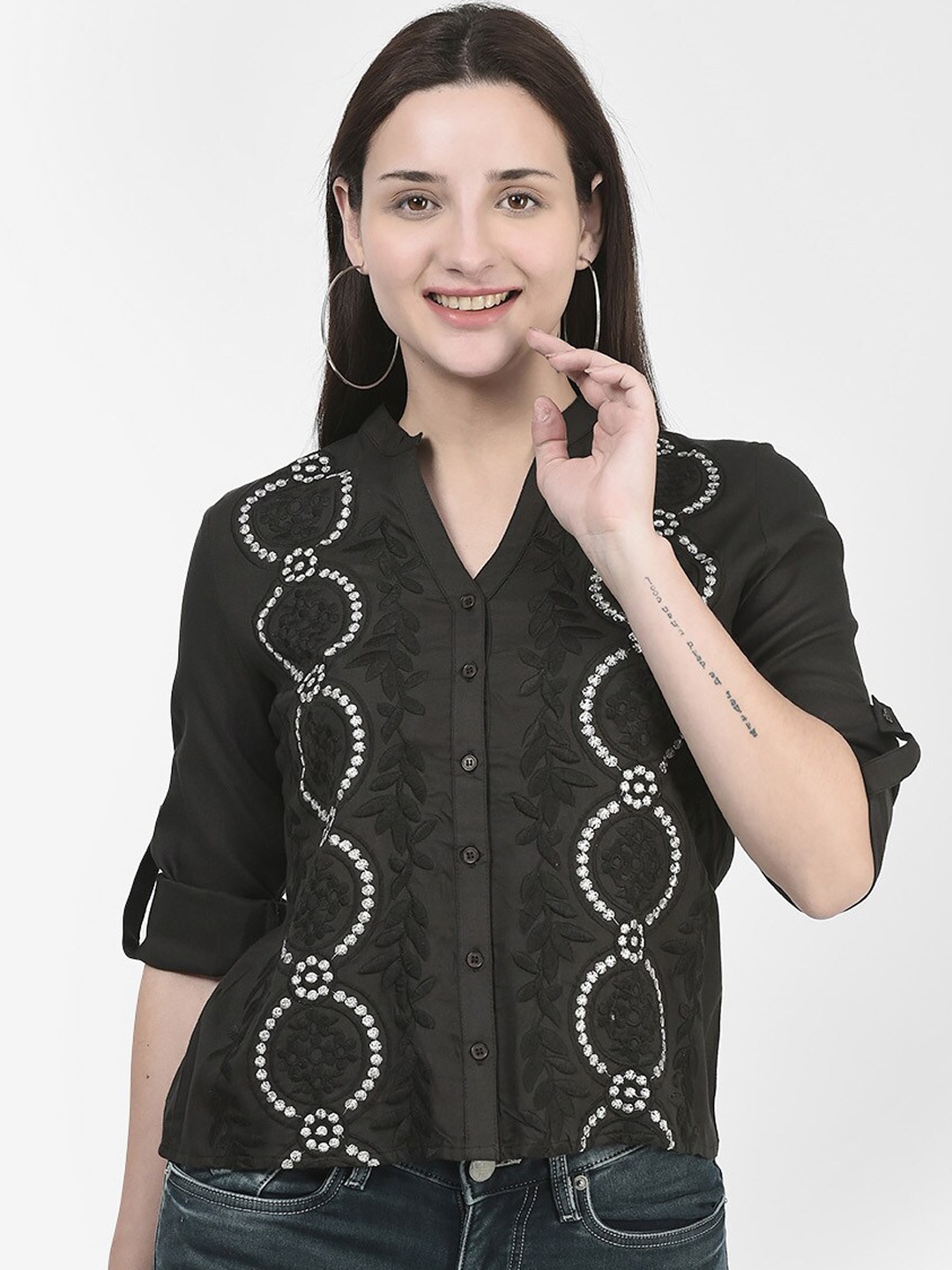 

Span Ethnic Motifs Embroidered Mandarin Collar Cotton Shirt Style Top, Black