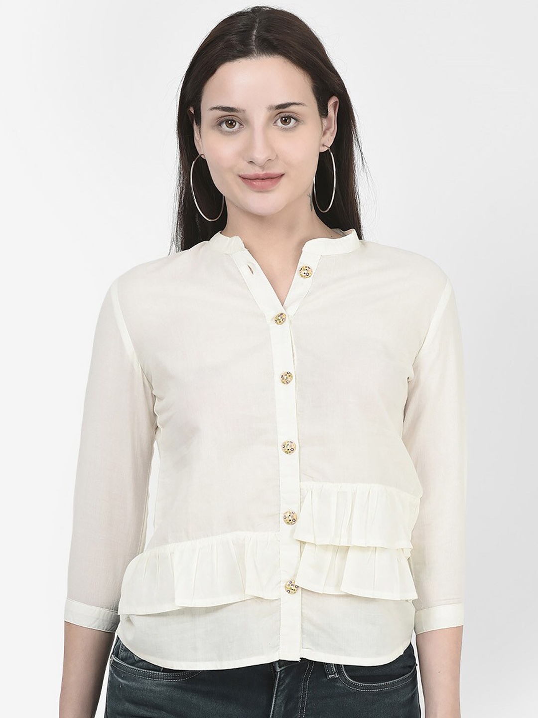 

Span Mandarin Collar Ruffels Cotton Shirt Style Top, White