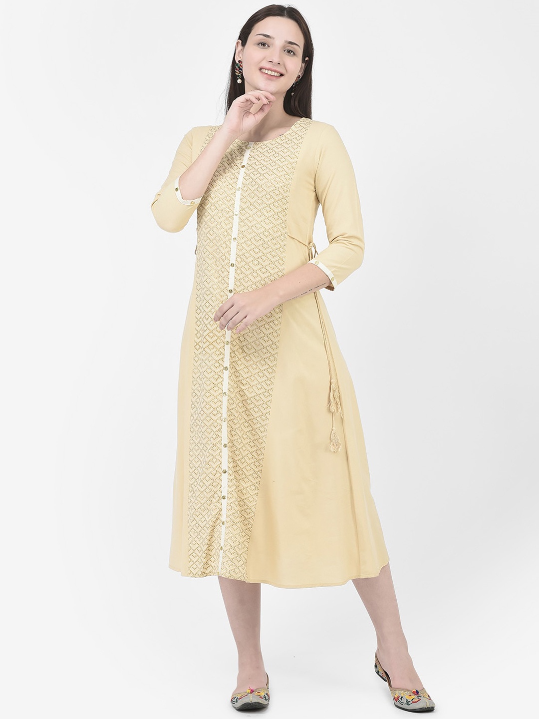 

Span Geometric Embellished Cotton A-Line Ethnic Dress, Beige