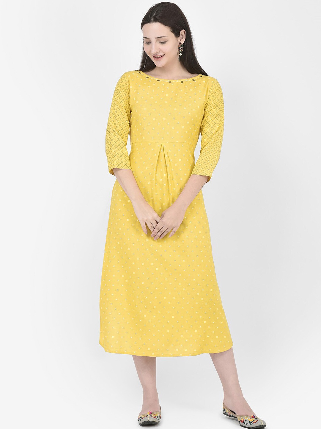 

Span Ethnic Motifs Printed Center Pleated Cotton A-Line Ethnic Dress, Yellow