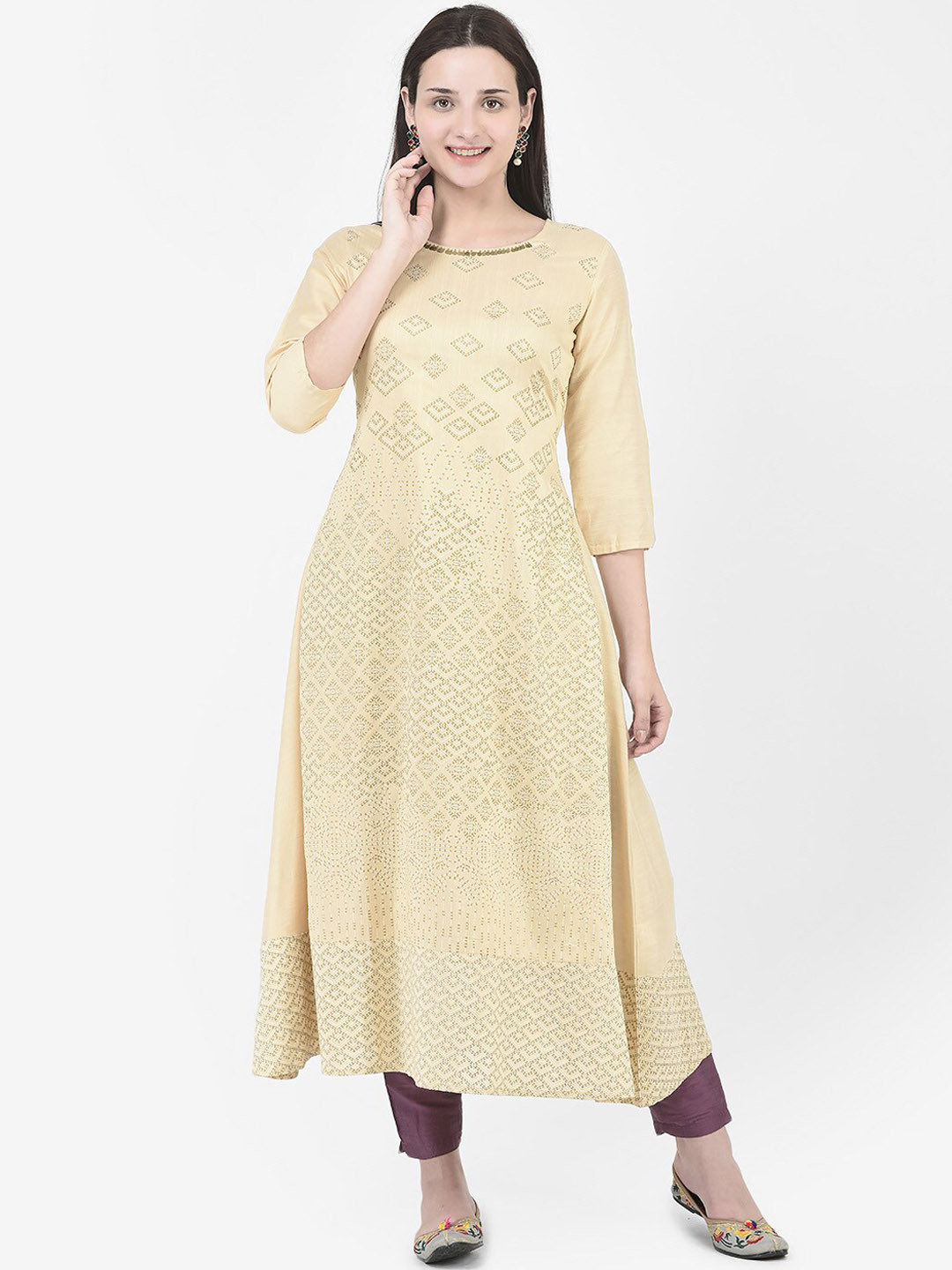 

Span Ethnic Motifs Embellished A-Line Kurta, Beige