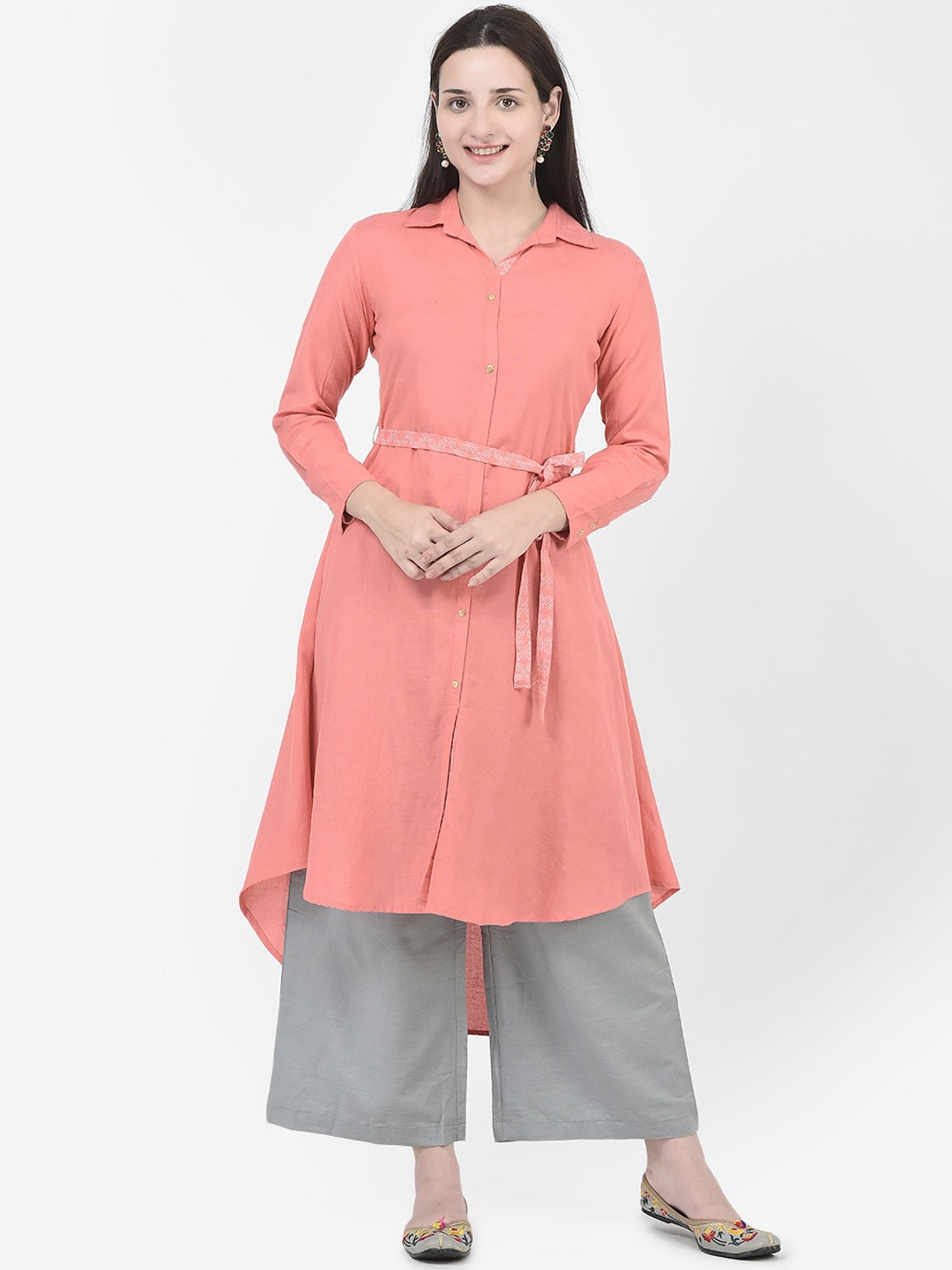 

Span Shirt Collar Belted Cotton A-Line Kurta, Coral