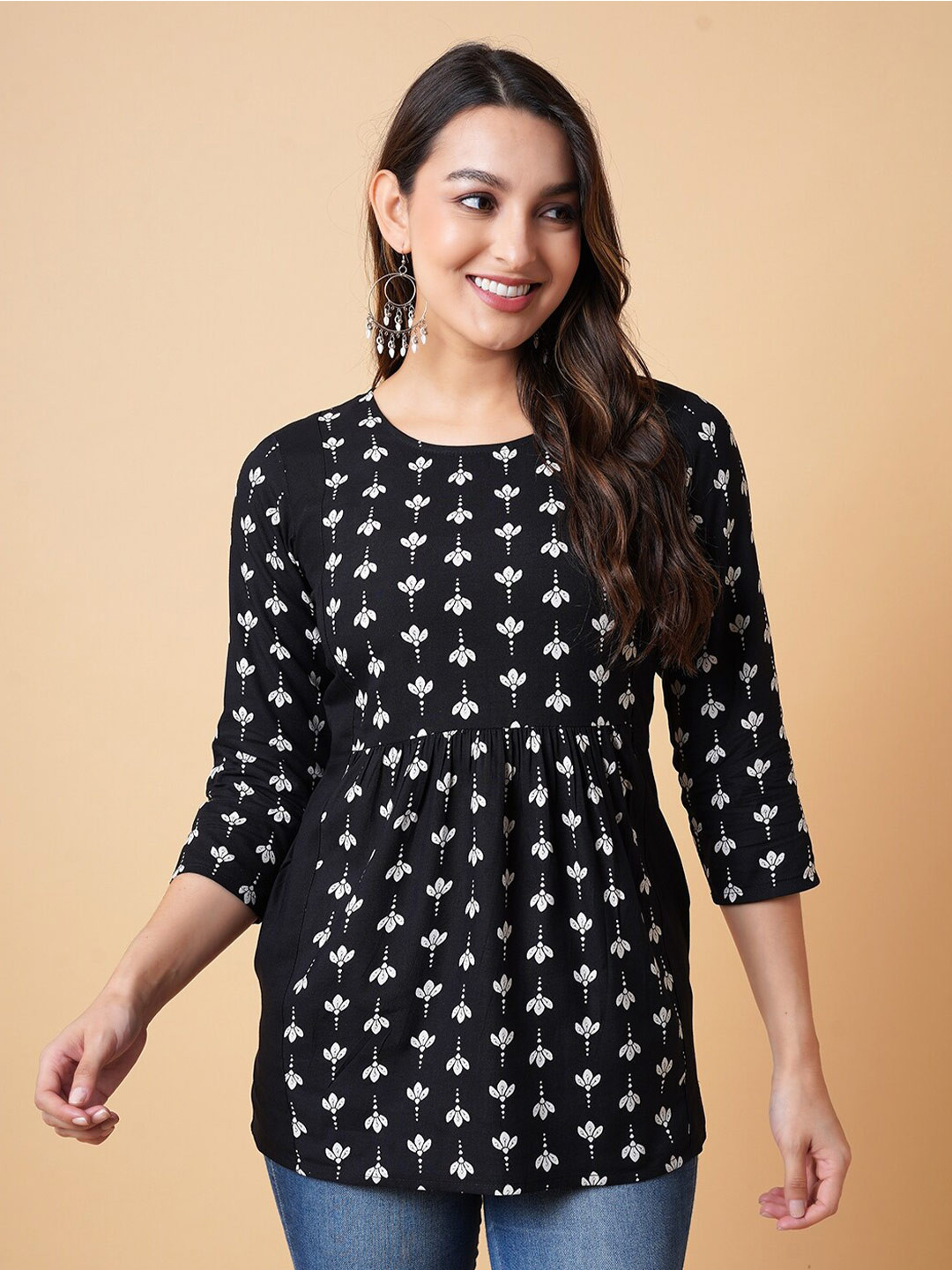 

DAEVISH Floral Printed Pleated Longline Regular Top, Black