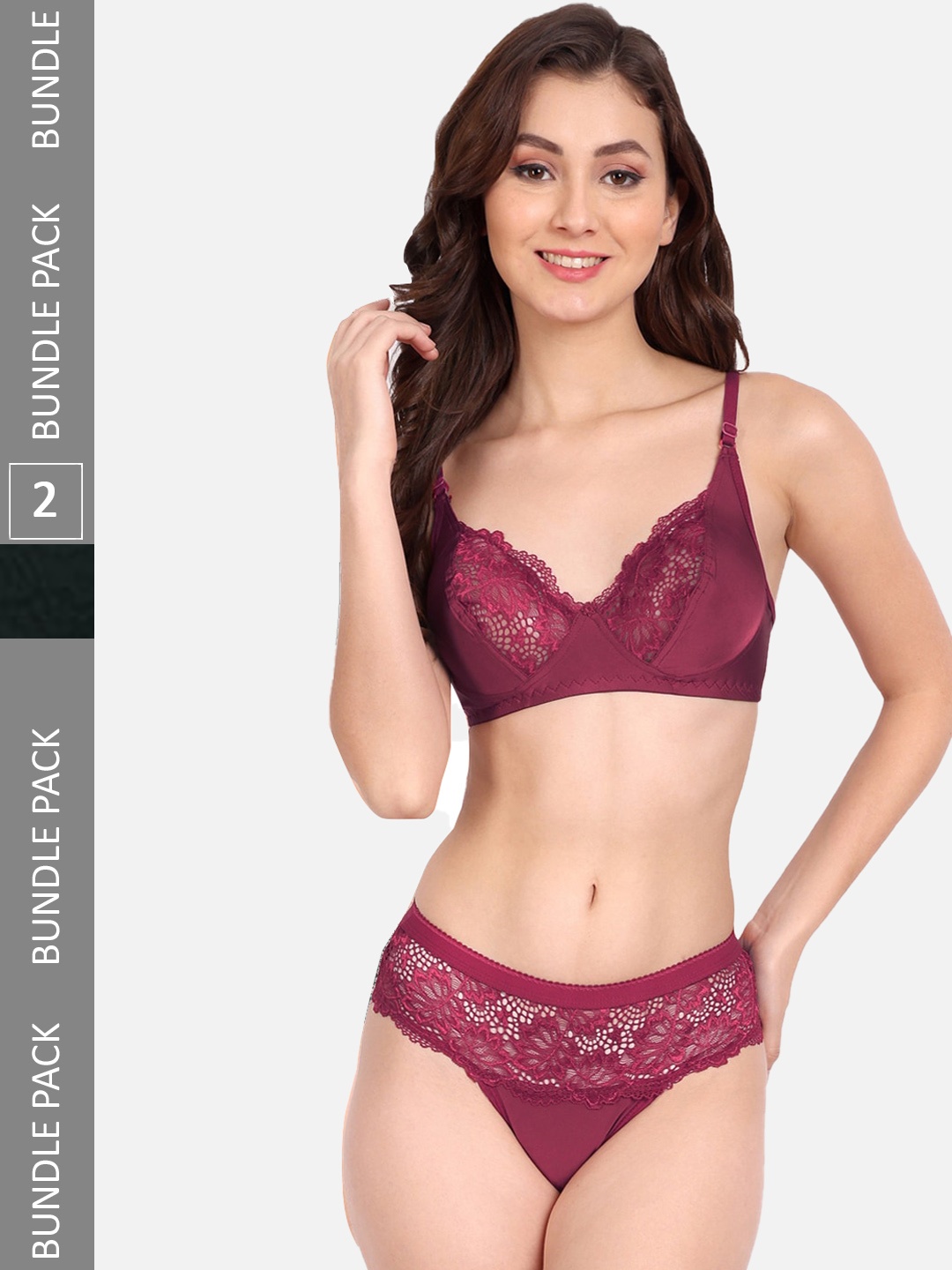 

FIMS Pack Of 2 Self-Design Non Padded Lace Lingerie Set C_KatSet_Maroon_BlumerSet_Black_B