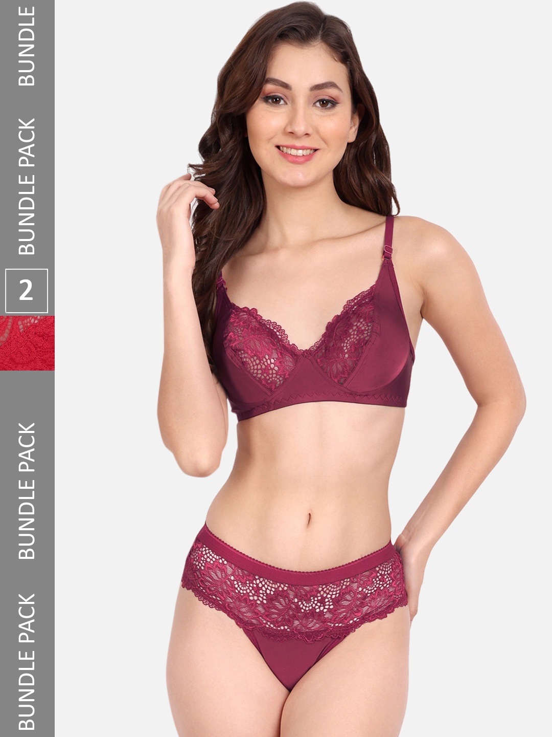 

FIMS Pack Of 2 Self-Design Lace Non Padded Lingerie Set C_KatSet_Maroon_BlumerSet_Red_B