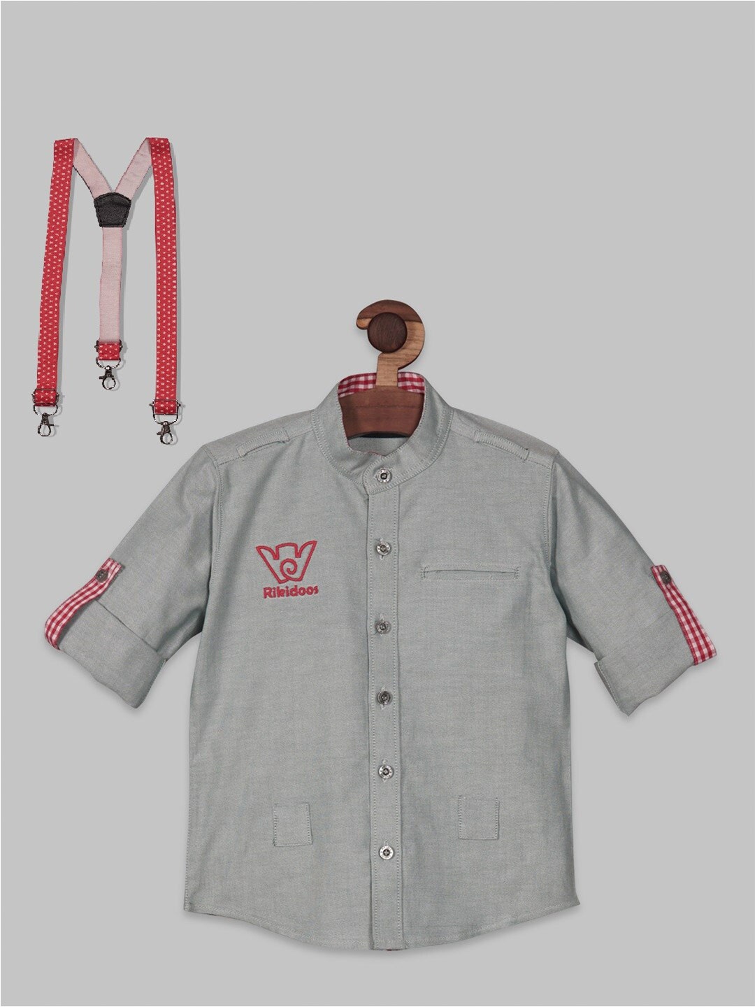 

RIKIDOOS Boys Contemporary Fit Opaque Casual Shirt With A detachable Suspender, Grey