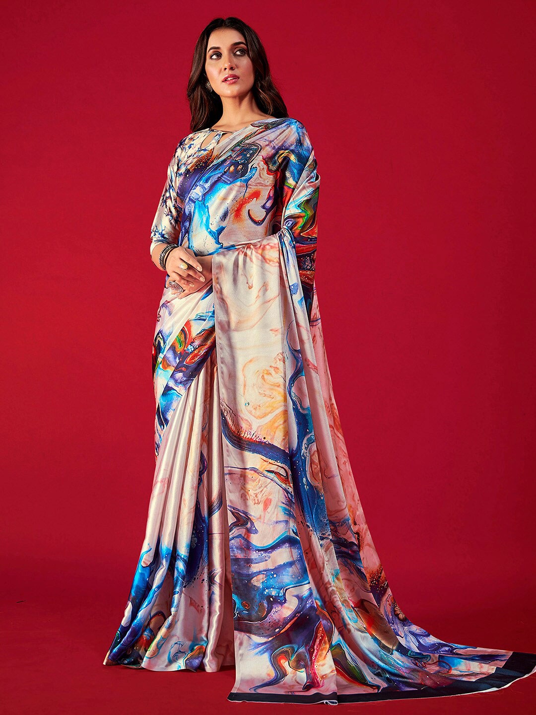 

Satrani Abstract Printed Satin Saree, Peach