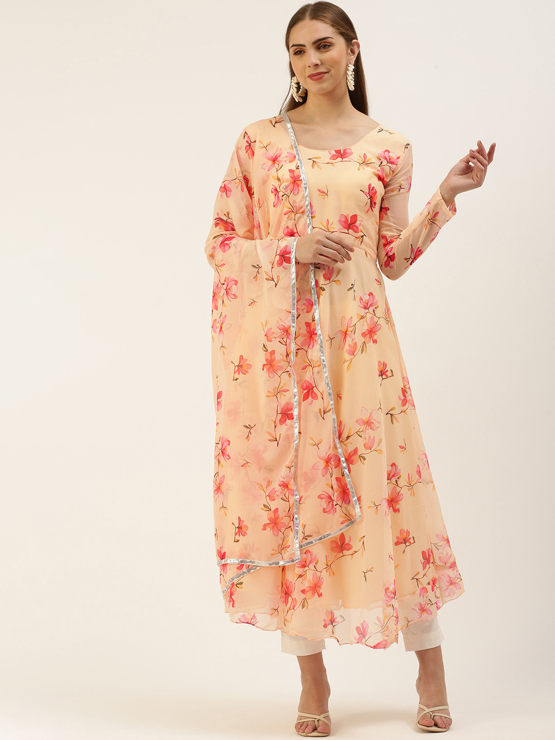 

LOOKNBOOK ART Women Floral Printed Anarkali Kurta With Dupatta, Cream