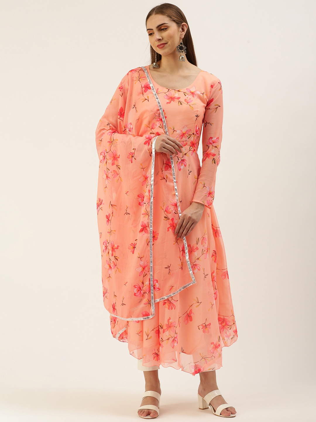 

LOOKNBOOK ART Women Floral Printed Anarkali Kurta With Dupatta, Peach