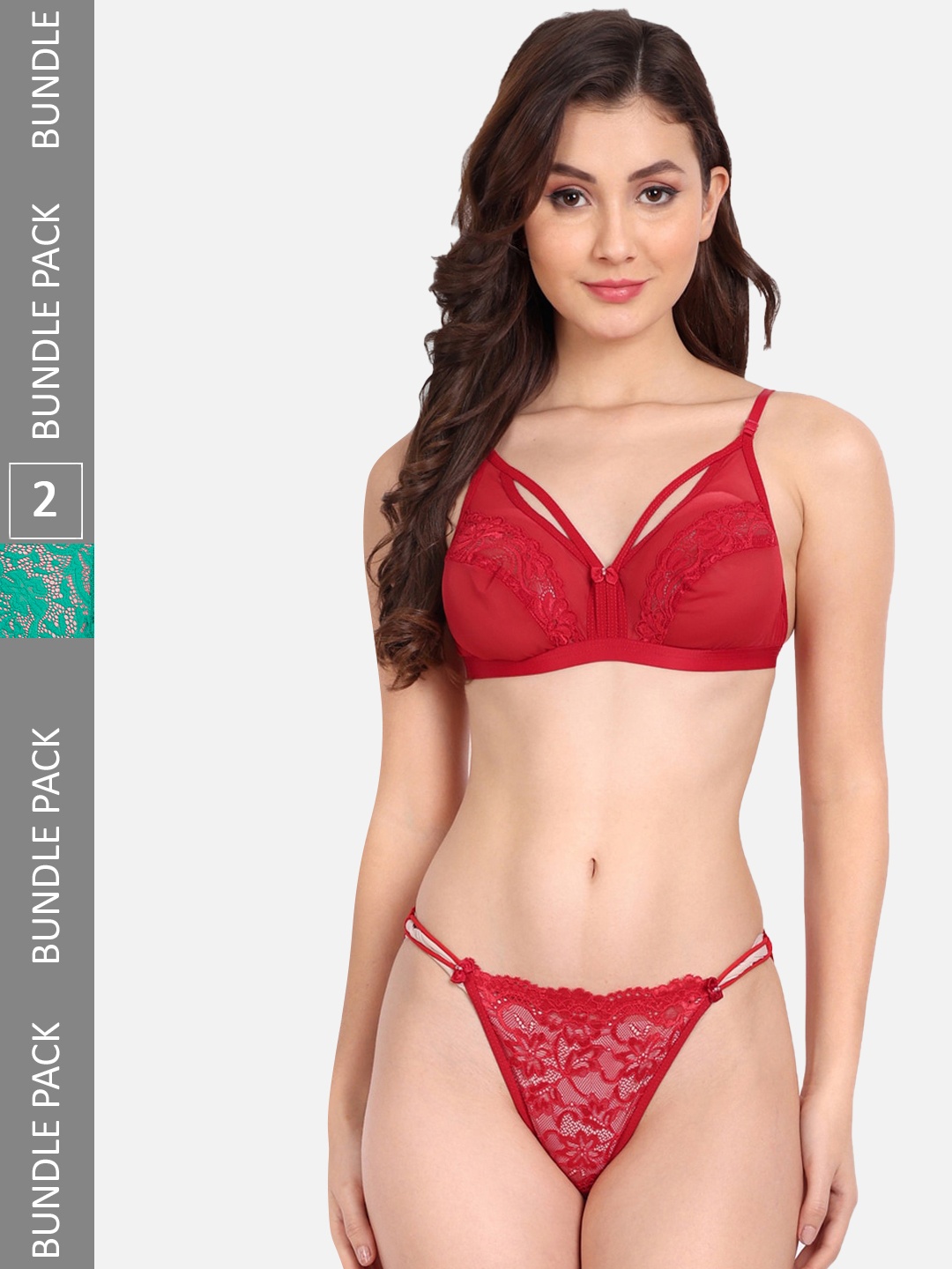 

FIMS Pack Of 2 Self-Design Lingerie Set C_KarrySet_Red_BlumerSet_Green_B