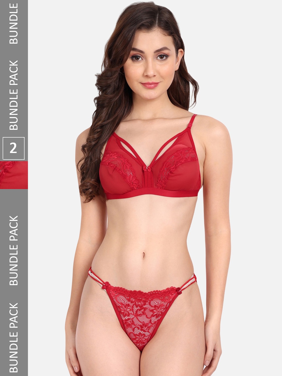 

FIMS Pack Of 2 Self Design Laced Lingerie Set, Red