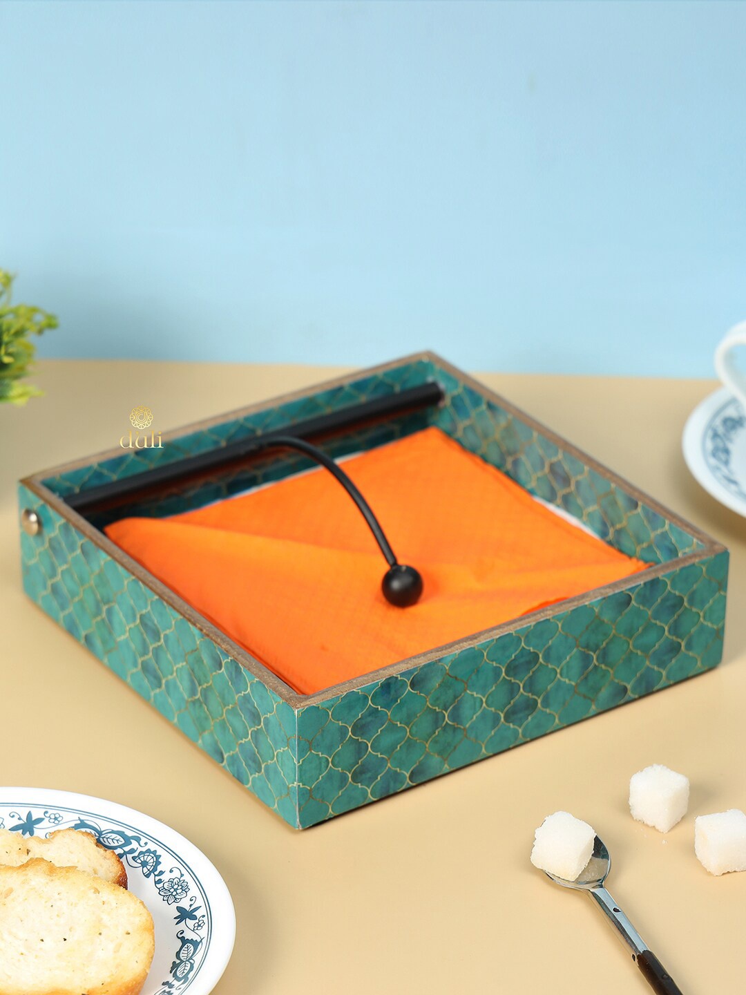 

DULI Teal Blue Geometric Printed MDF Wooden Tissues & Napkin Holder