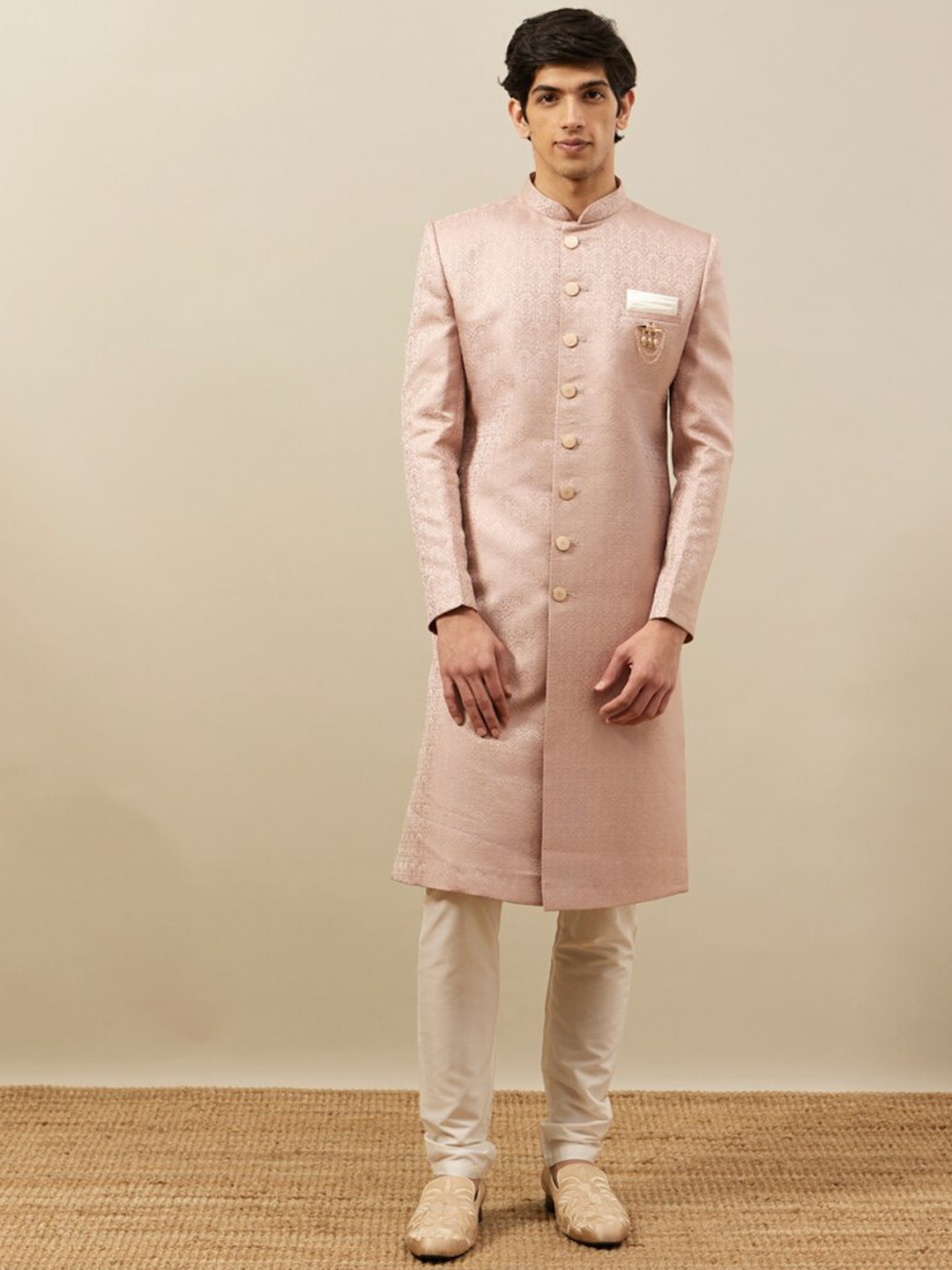 

Manyavar Art Silk Self Design Sherwani Set, Pink