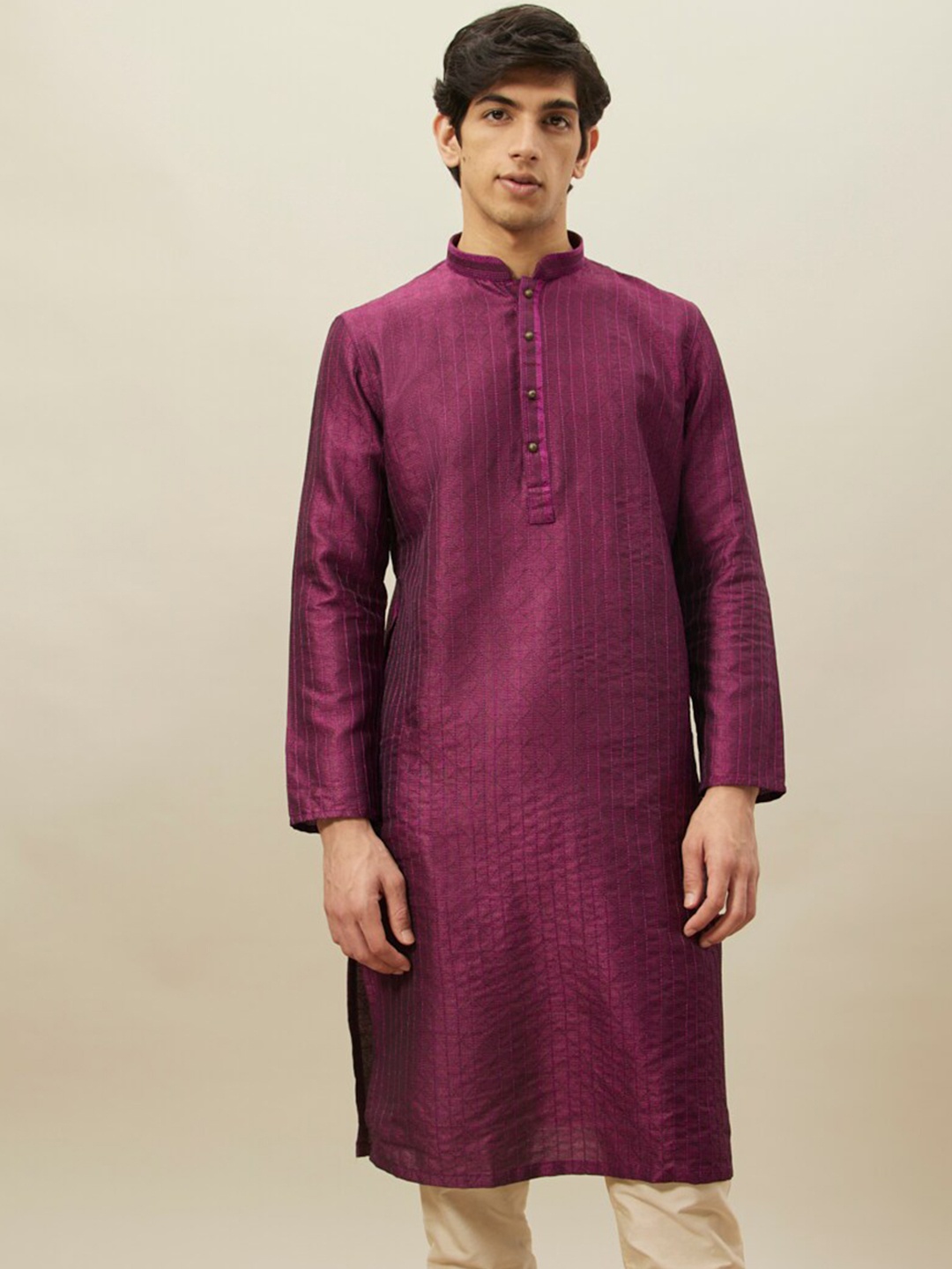 

Manyavar Woven Design Mandarin Collar Thread Work Kurta With Pyjamas, Purple