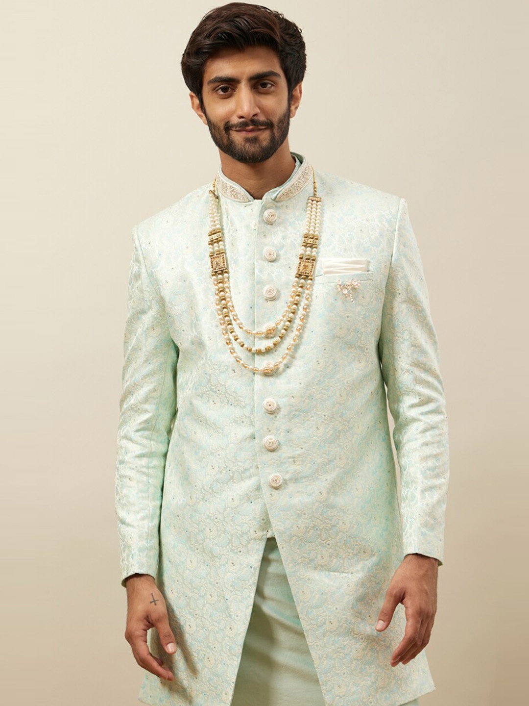 

Manyavar Brocade Woven-Designed Sherwani Set, Green