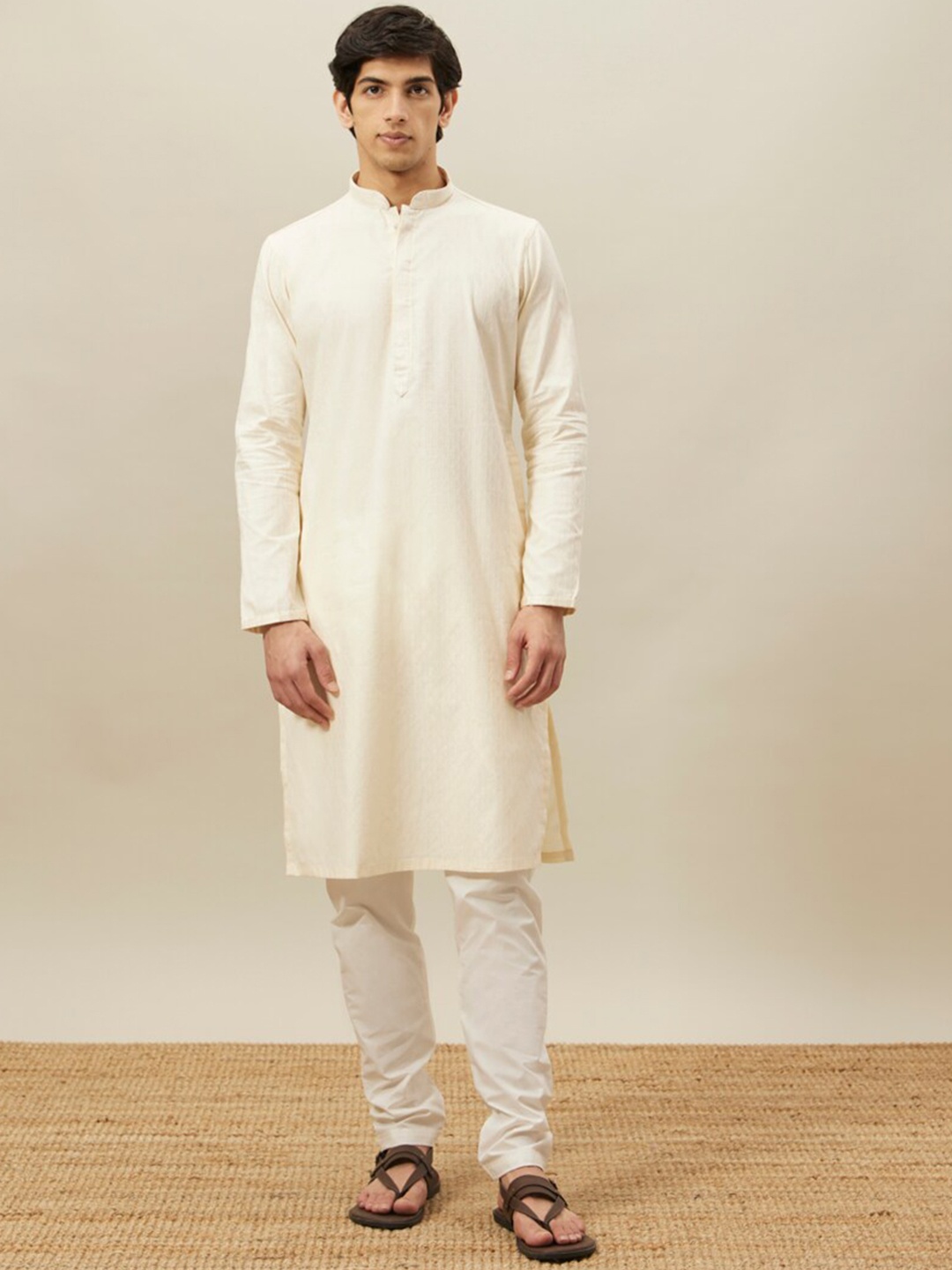 

Manyavar Woven Design Mandarin Collar Pure Cotton Kurta With Pyjamas, Off white