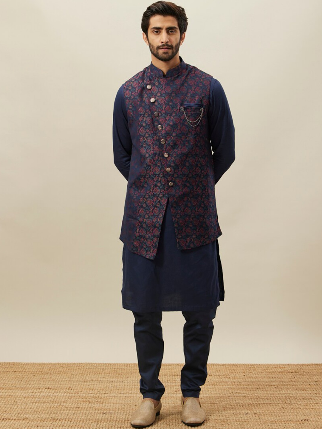 

Manyavar Men Blue Printed Regular Pure Cotton Kurta and Pyjamas with Long Jacket
