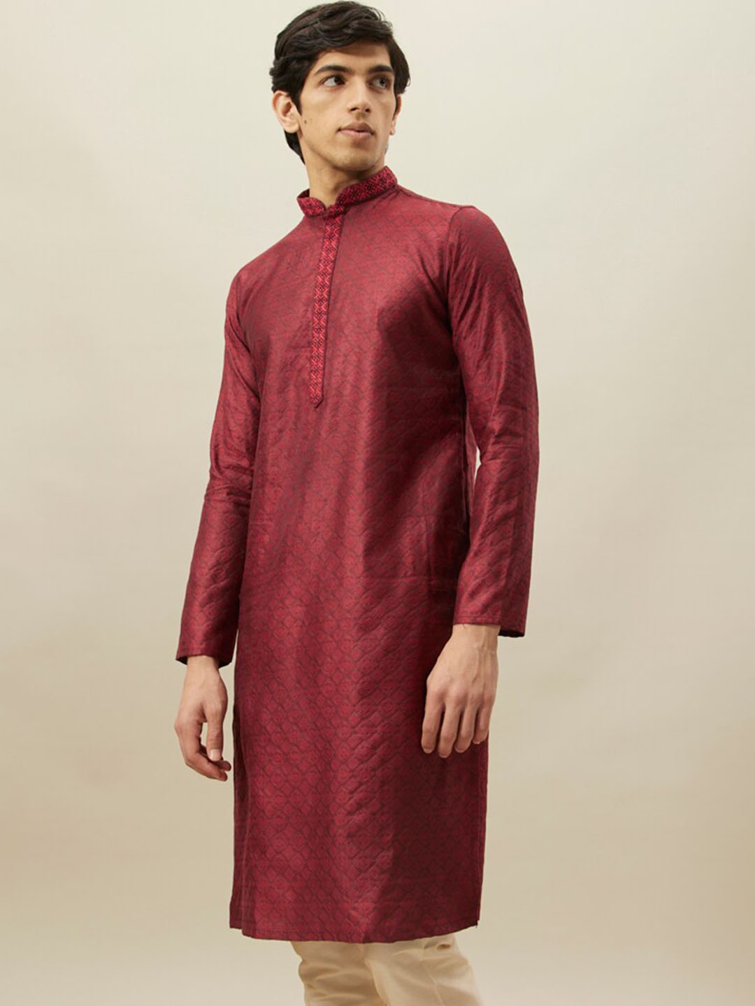

Manyavar Woven Design Mandarin Collar Kurta With Pyjamas, Maroon
