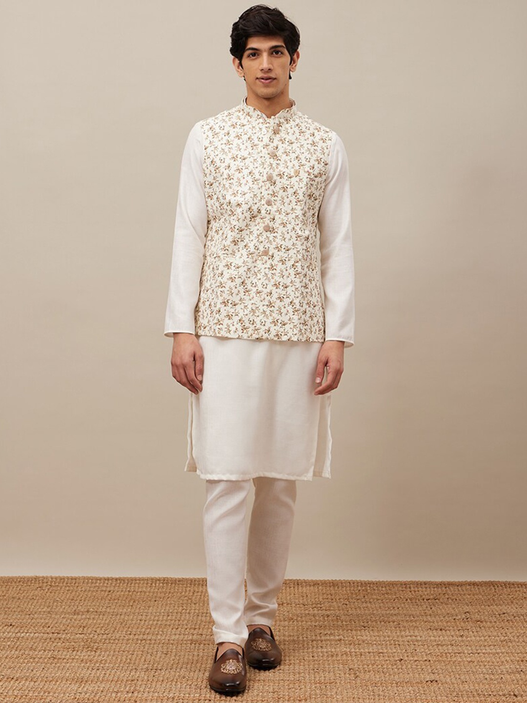 

Manyavar Printed Pure Cotton Nehru Jackets, Cream