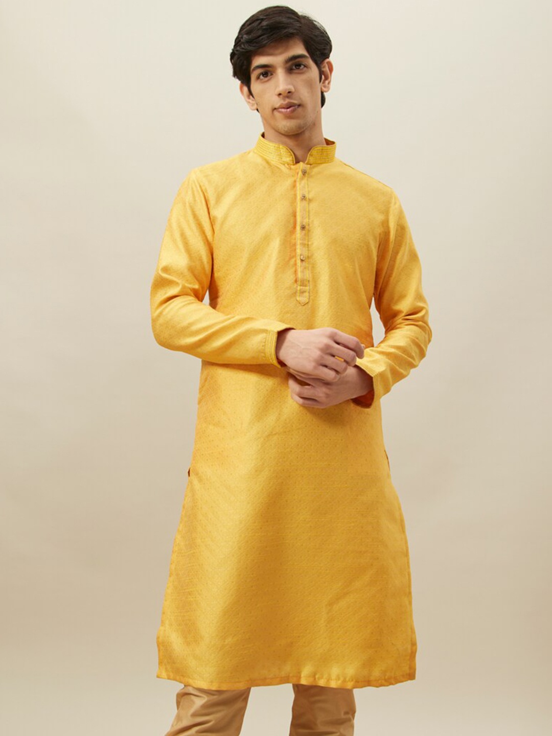 

Manyavar Ethnic Motif Woven Design Mandarin Collar Kurta With Pyjamas, Mustard