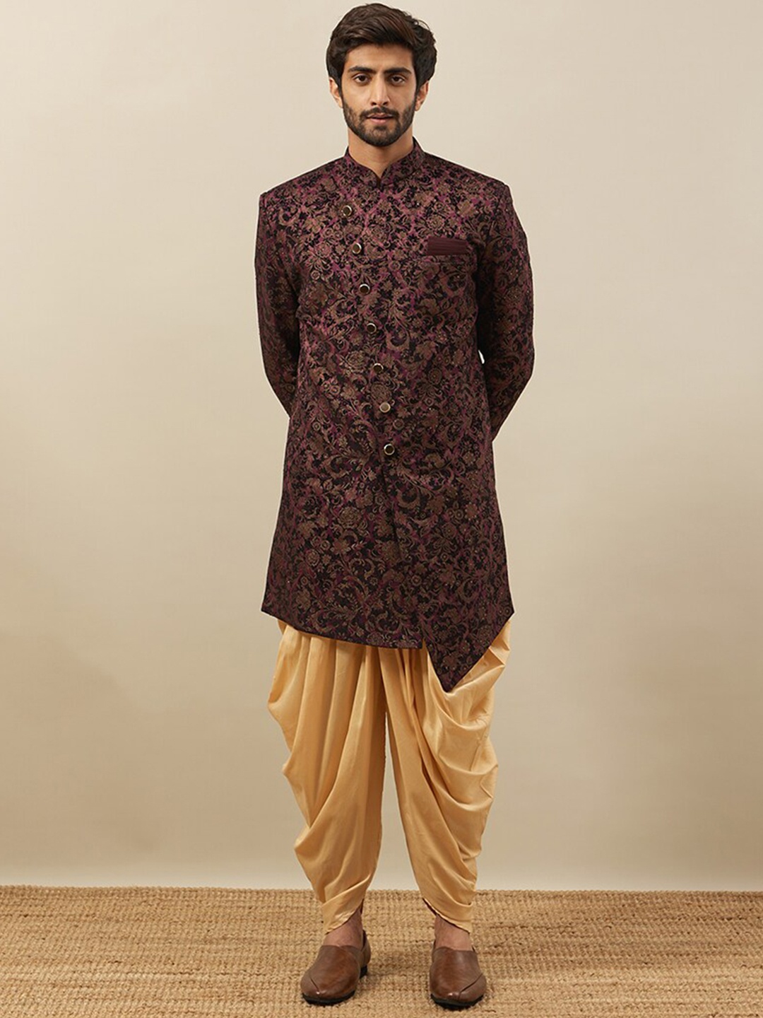 

Manyavar Self Design Velvet Sherwani Set, Purple