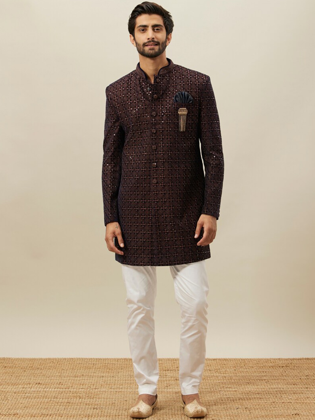 

Manyavar Embroidered Velvet Full Sleeves Indo Western Sherwani Set, Maroon